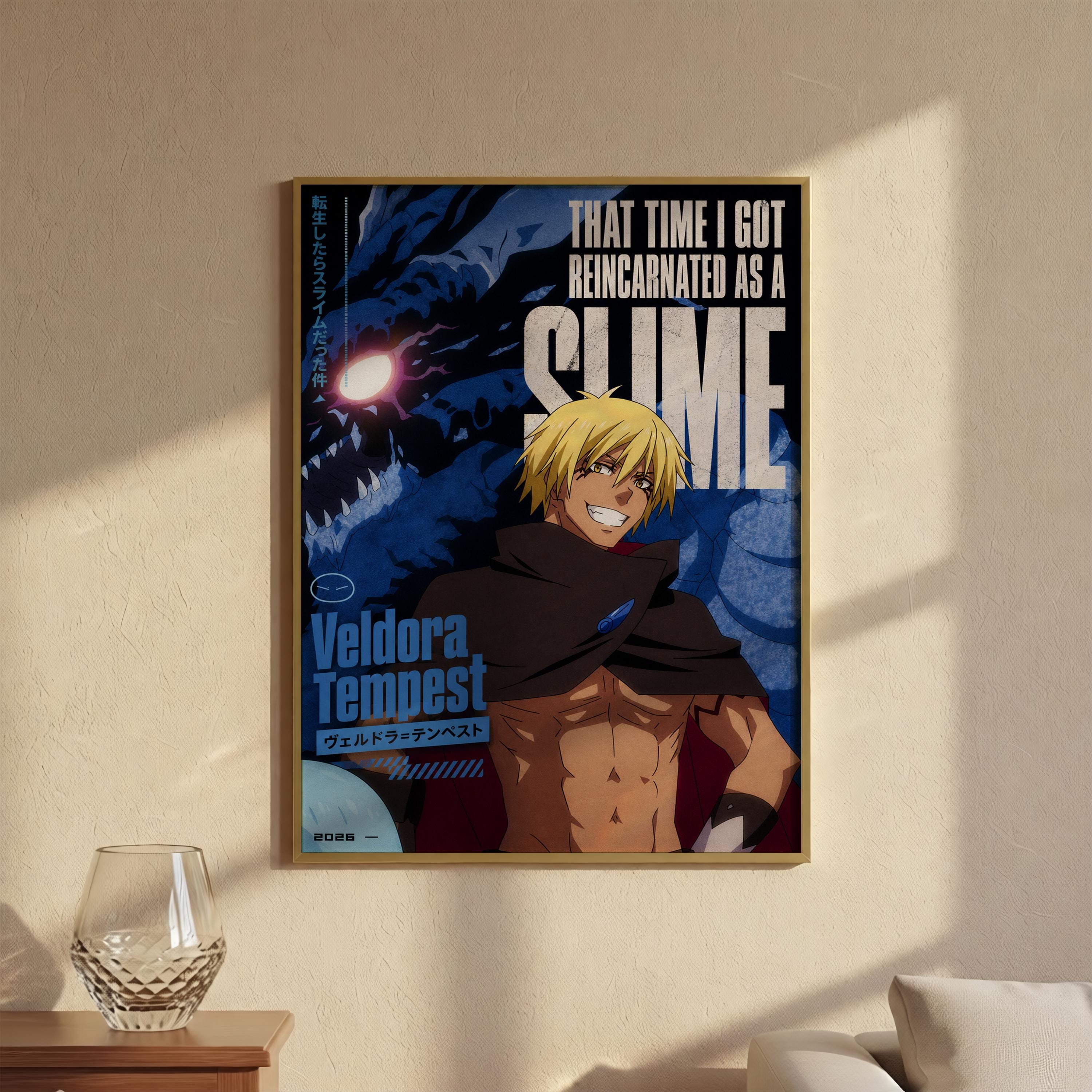 The image is a framed poster featuring an anime character with a large, glowing eye in the background.