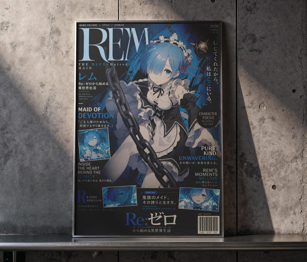 The image is a magazine cover featuring an anime-style illustration of a character with blue hair and a white dress, holding a chain. The cover has various text elements, including the title "REW" and the issue number "20".