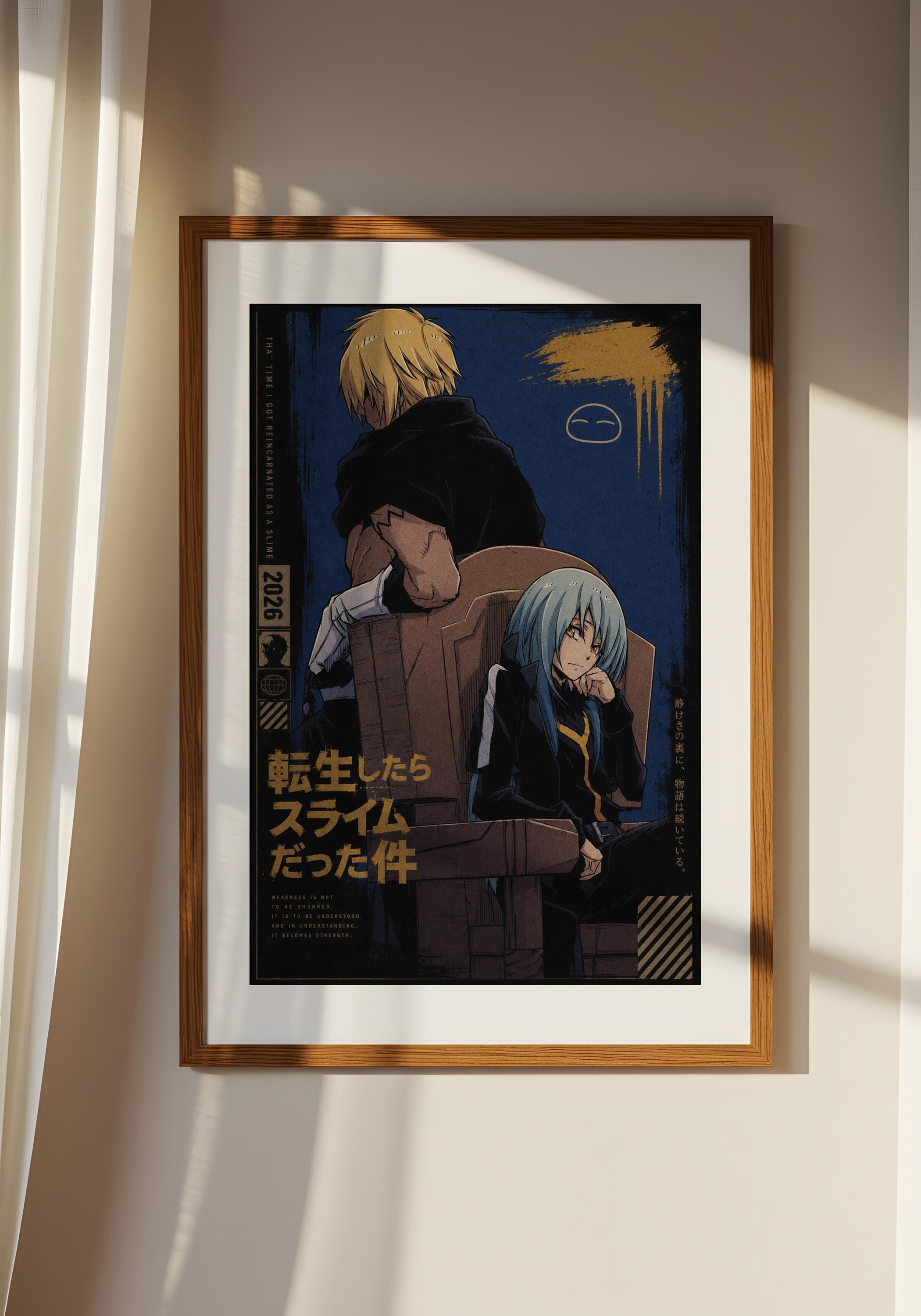 The image is a framed poster featuring two anime characters, one with blonde hair and the other with blue hair, set against a dark background with a yellow and black design.