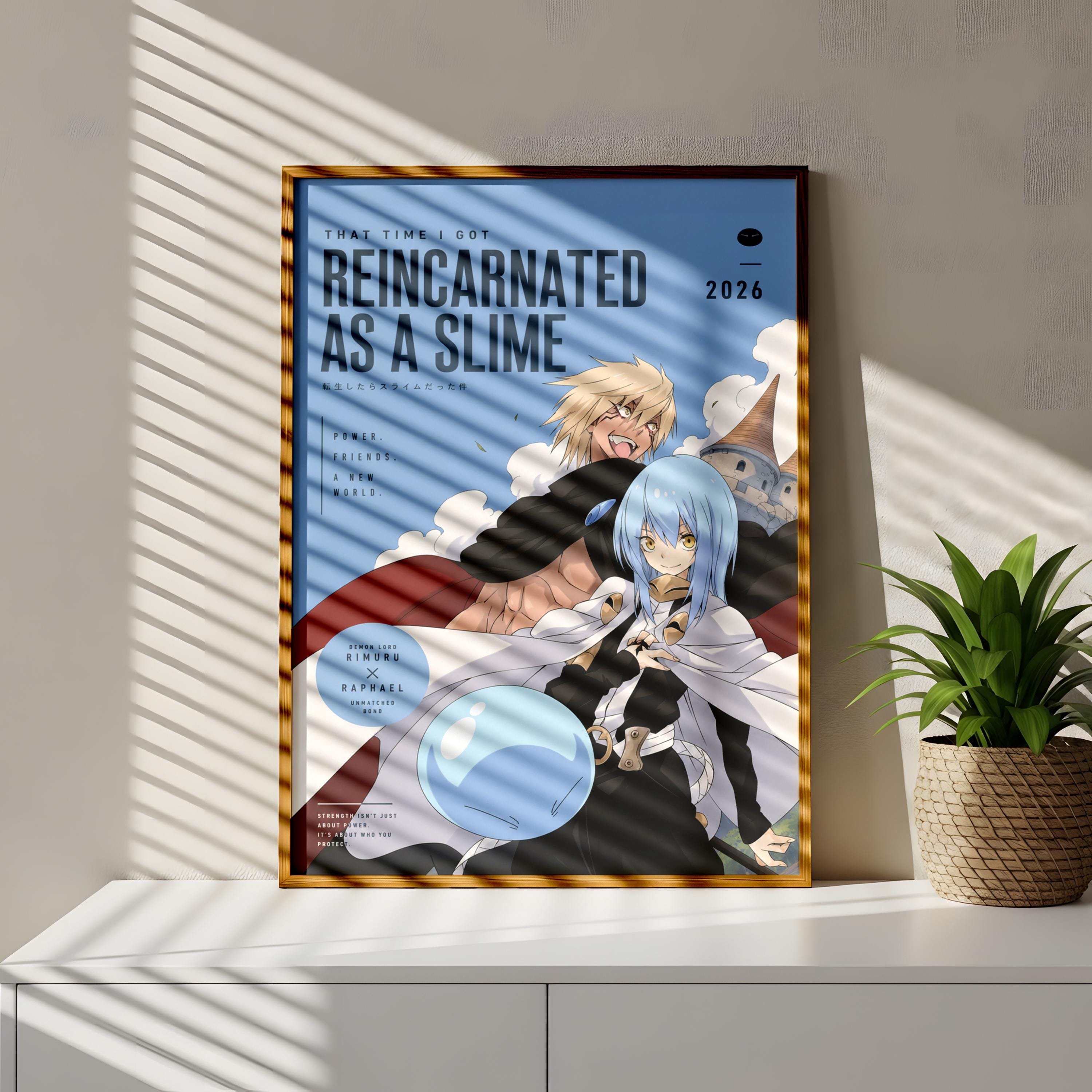 The image is a poster featuring an anime-style illustration of a character with blue hair and a red cape, along with text that reads "That time I got Reincarnated as a slime" and "2026". The poster is displayed on a white wall, and there is a potted plant to the right of the poster.