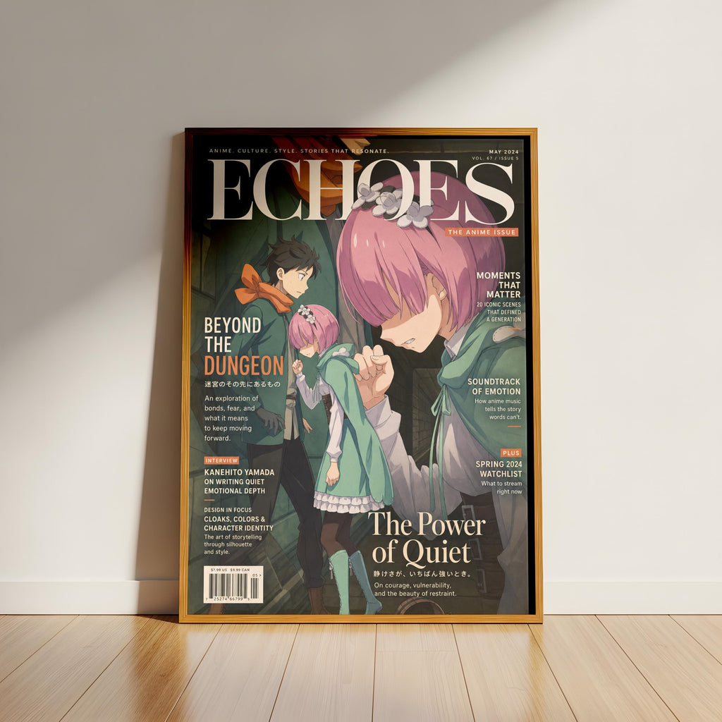 The image is a framed poster of the cover of the anime magazine "Echoes", featuring an illustration of three characters from the anime series.