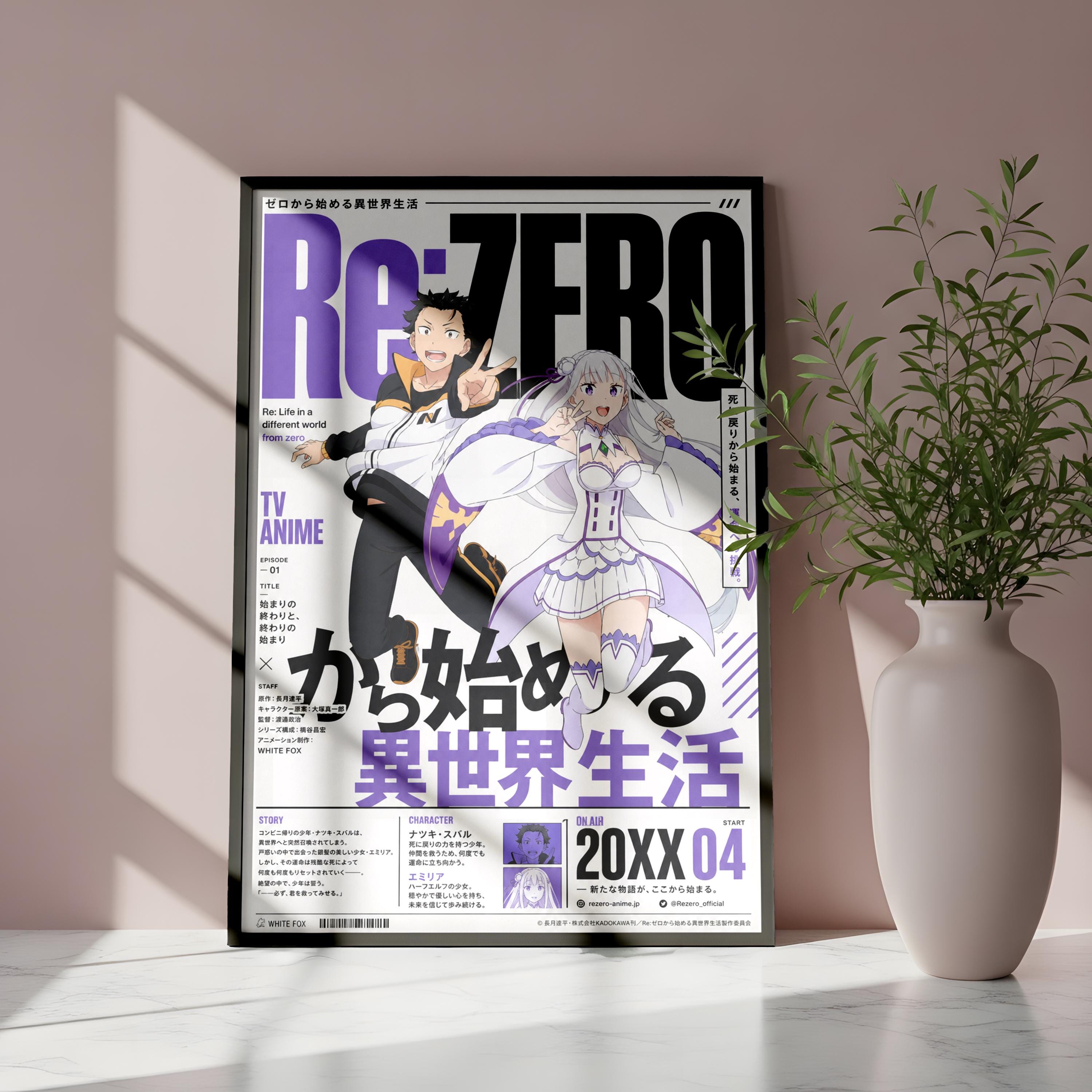 The image is a poster for the anime "Re:Zero" featuring two characters, one male and one female, in a stylized and colorful design.