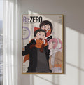 The image is a poster featuring three cartoon characters, two men and one woman, with a focus on their expressions and poses. The poster is framed and hung on a wall, with a window in the background.