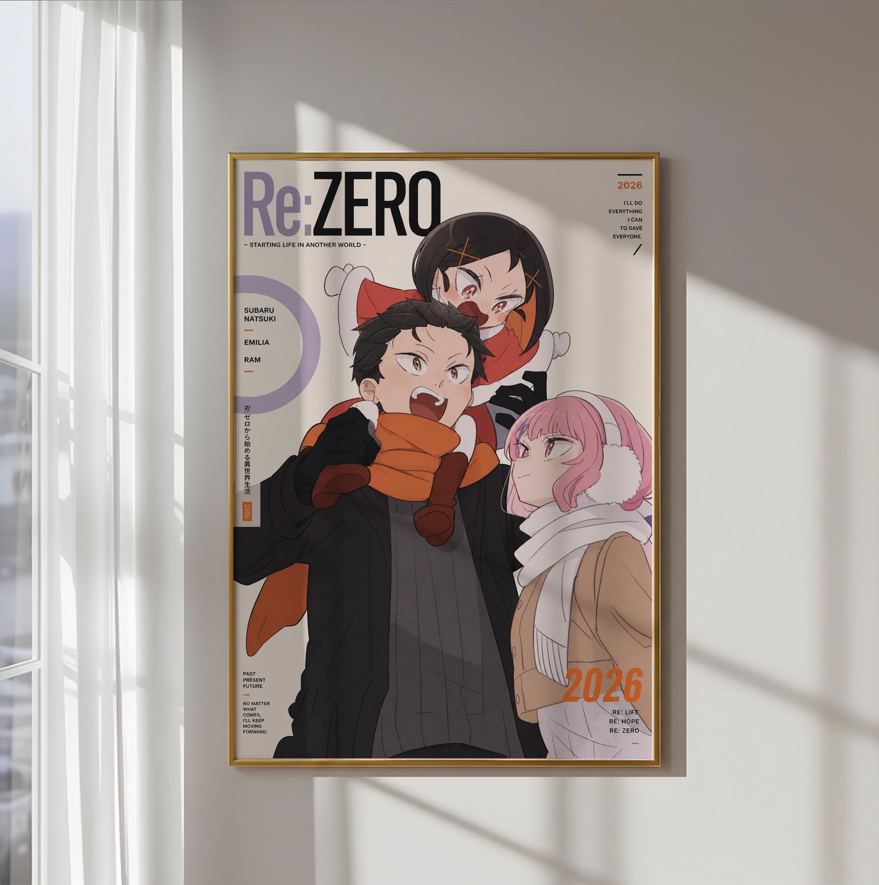 The image is a poster featuring three cartoon characters, two men and one woman, with a focus on their expressions and poses. The poster is framed and hung on a wall, with a window in the background.