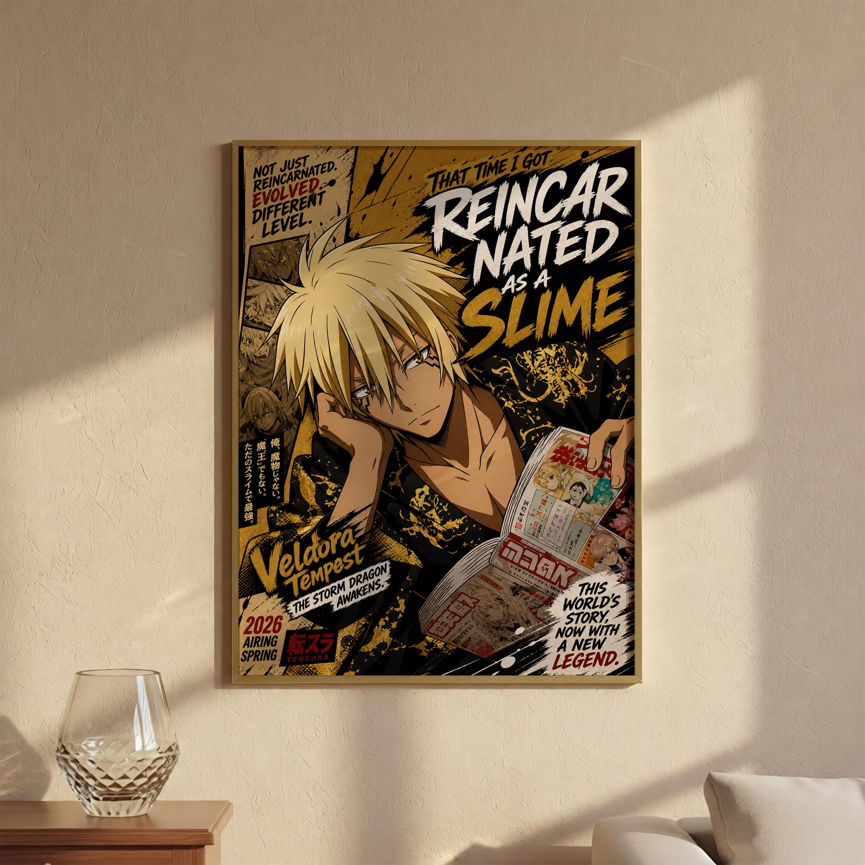 The image is a framed poster featuring an anime-style illustration of a character with blonde hair and a serious expression, surrounded by various text elements and graphics.