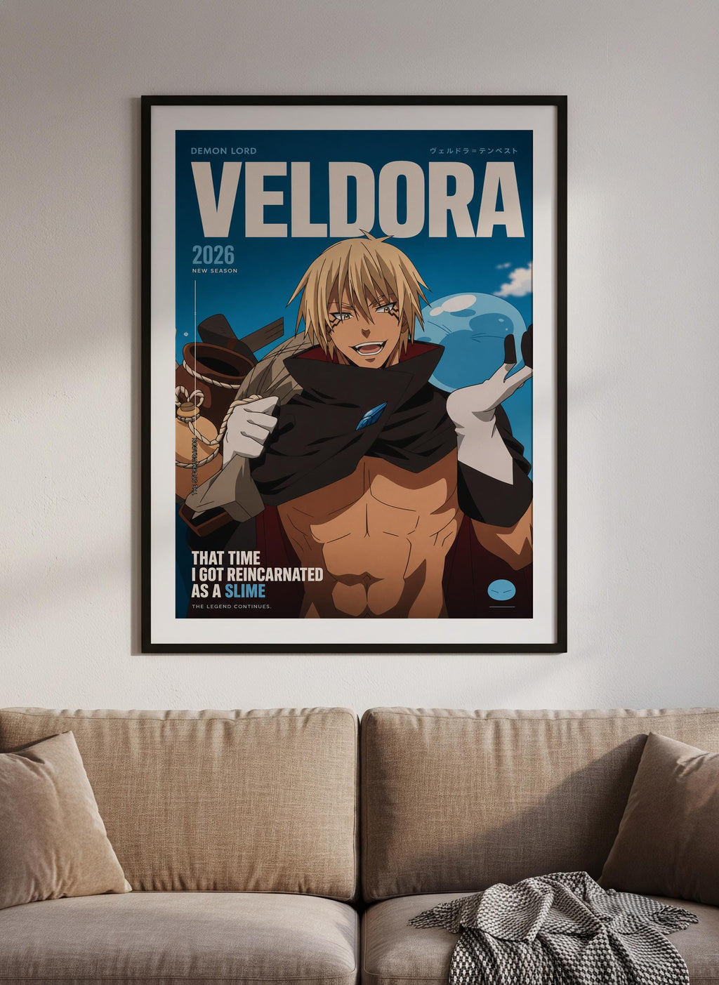 The image is a framed poster of an anime character named Veldora, who is depicted as a muscular, blond male with a serious expression. The poster features the character's name prominently at the top and includes text that describes him as a "slime" and "slime king". The poster is displayed on a wall above a couch, creating a cozy and visually appealing scene.