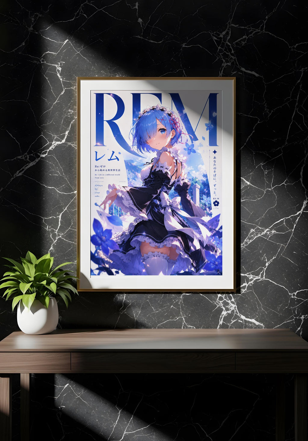 a framed poster of an anime-style character with blue hair and a white dress, displayed on a wall above a wooden table.