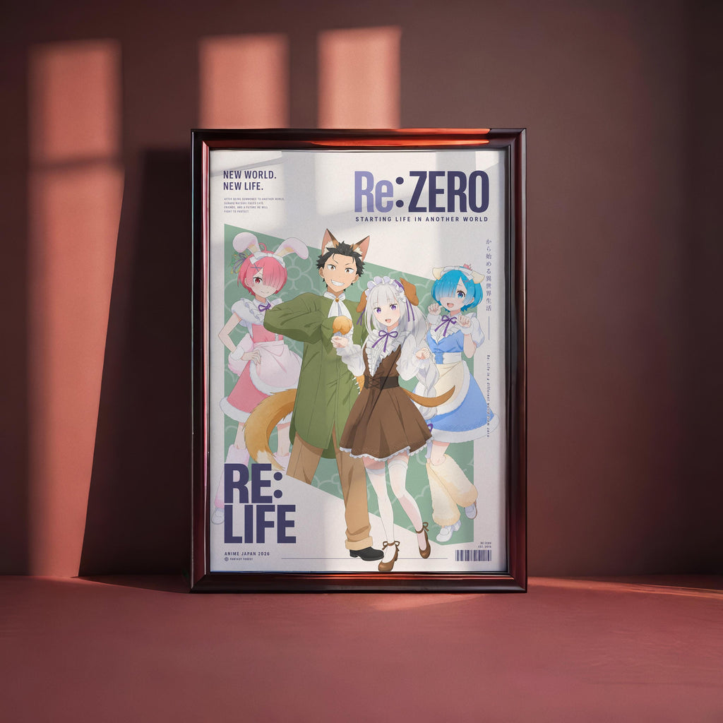 The image is a framed poster featuring an anime-style illustration of four characters, including a man, a woman, and two children, all dressed in colorful outfits. The poster is titled "Re:ZERO" and appears to be promoting an anime series.