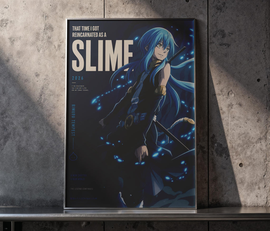 The image is a poster featuring an anime-style character with blue hair and a dark outfit, standing in a dark, mysterious setting.