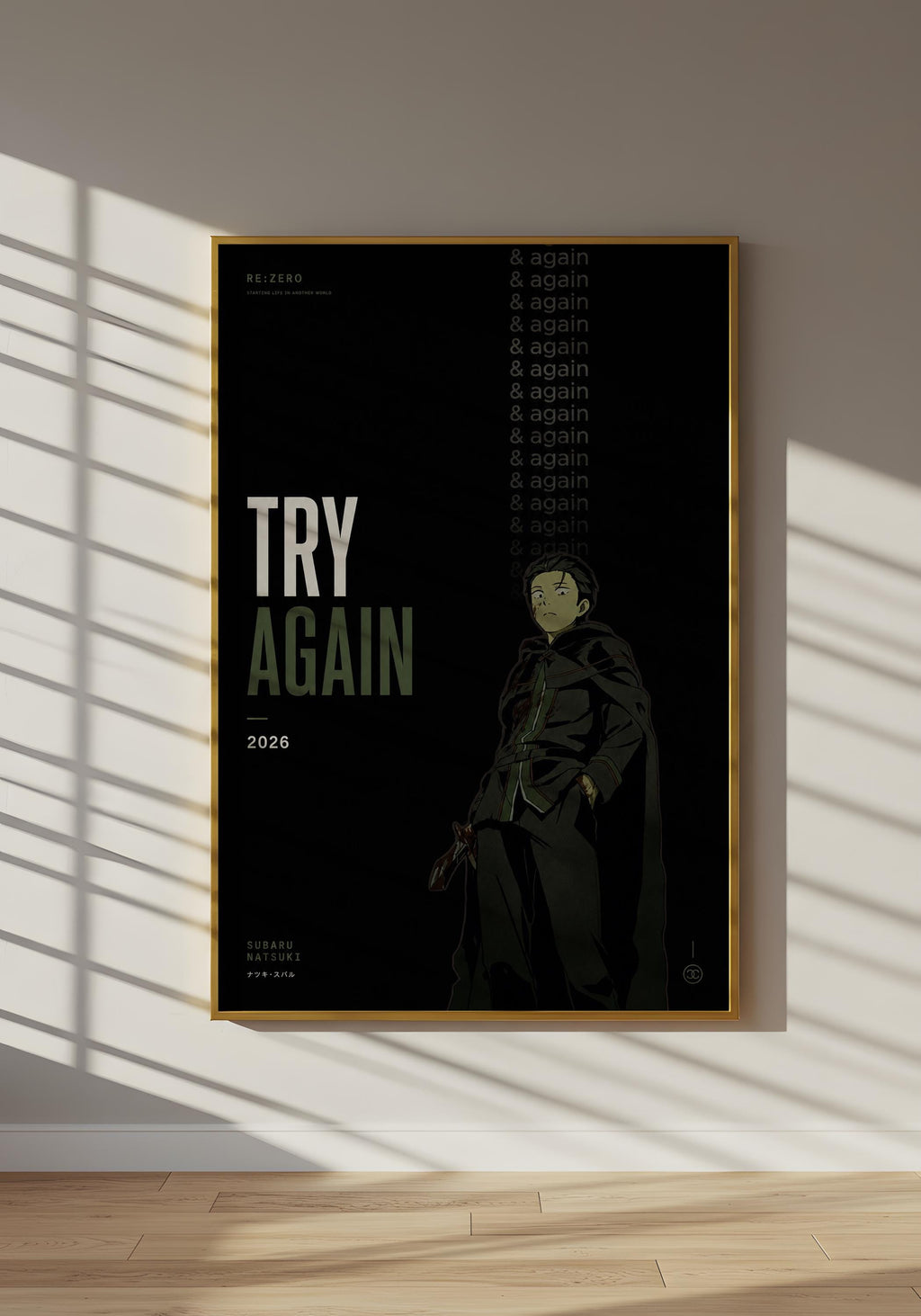 The image is a poster featuring a character in a dark setting, with the text "TRY AGAIN" prominently displayed.