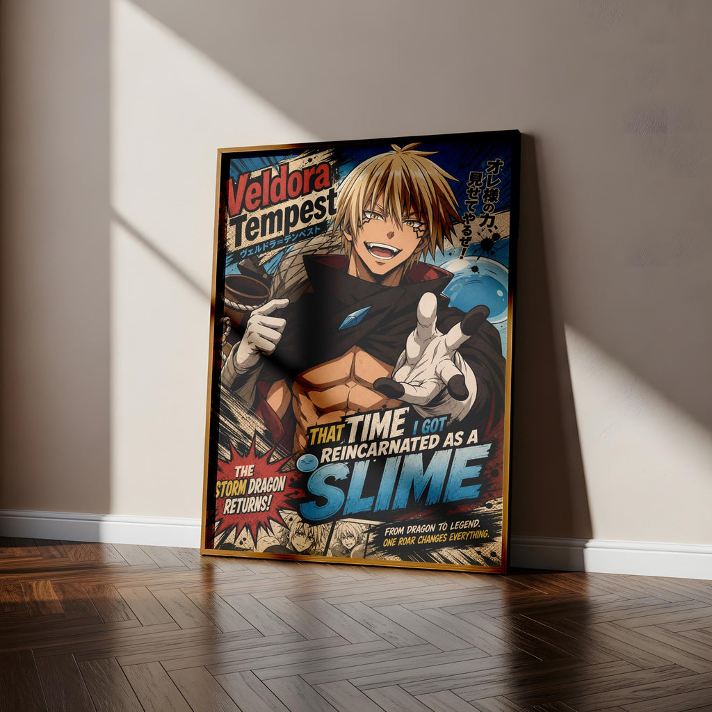 The image is a poster featuring an anime-style character with a muscular build and blonde hair, wearing a black outfit and holding a blue object. The poster has a colorful and dynamic design, with text and graphics that convey the character's abilities and the story's theme.