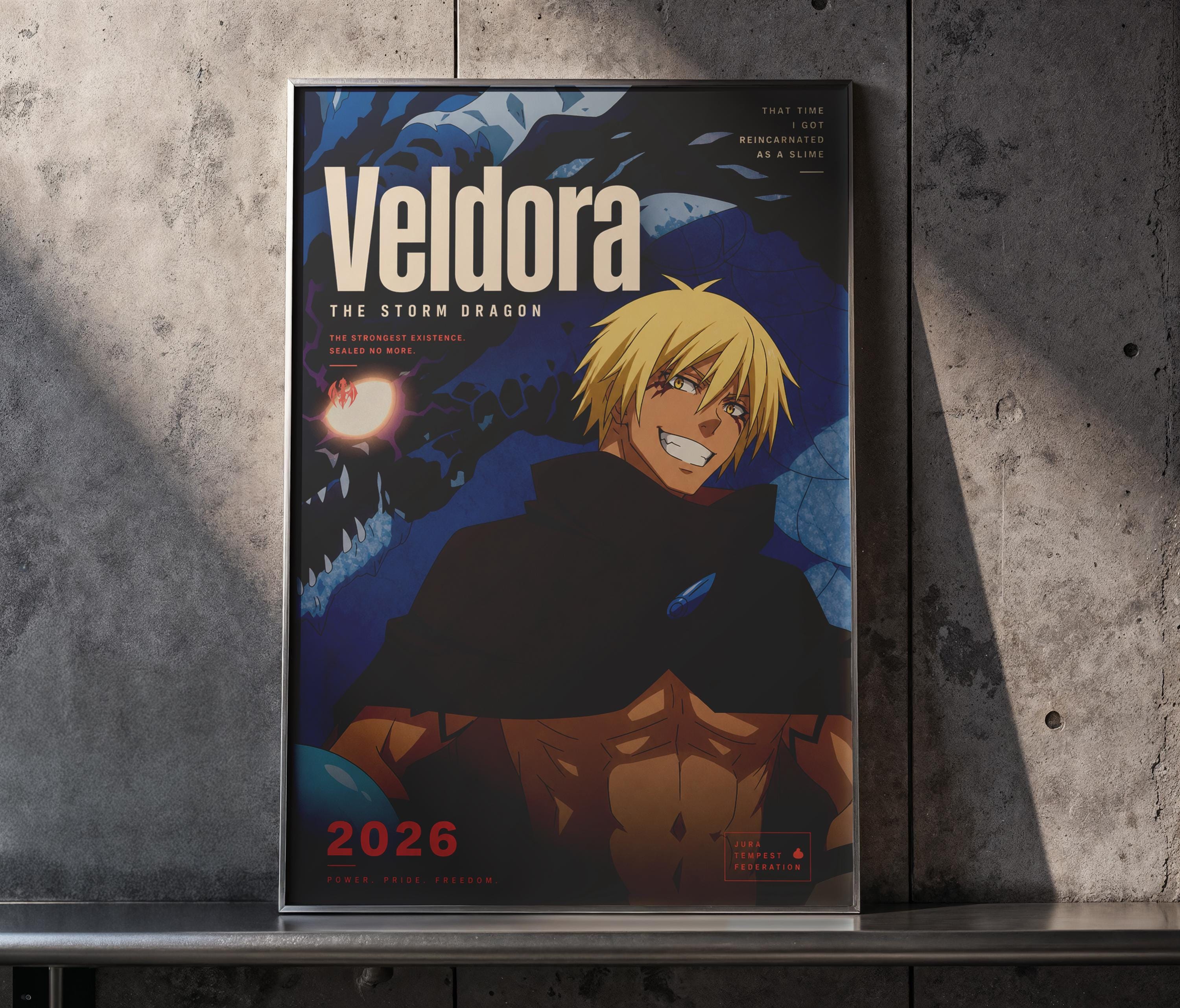 The image is a poster featuring an anime character with a muscular build and blonde hair, wearing a black cape. The poster has a dark background with a blue and black color scheme.
