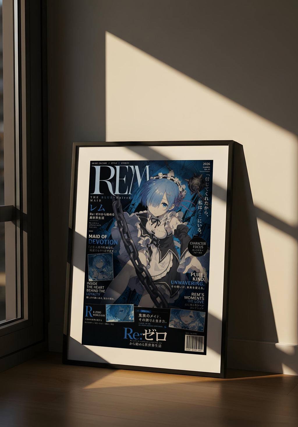 an anime magazine cover with a blue and white color scheme, depicting an anime character. The cover is placed on a wooden surface, with sunlight casting shadows on it.