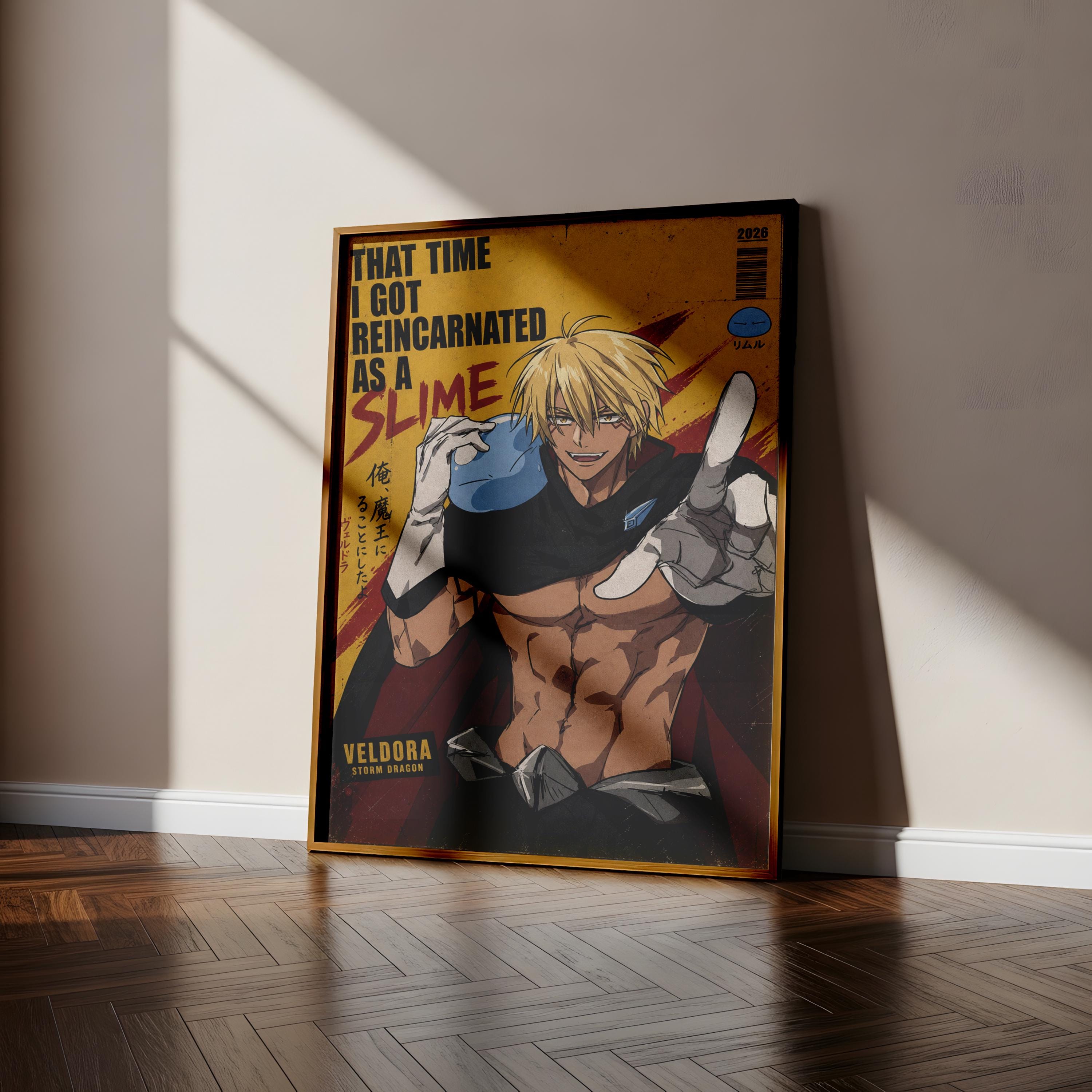 a poster of a muscular, blond-haired male character with a determined expression, wearing a black outfit and holding a blue object.