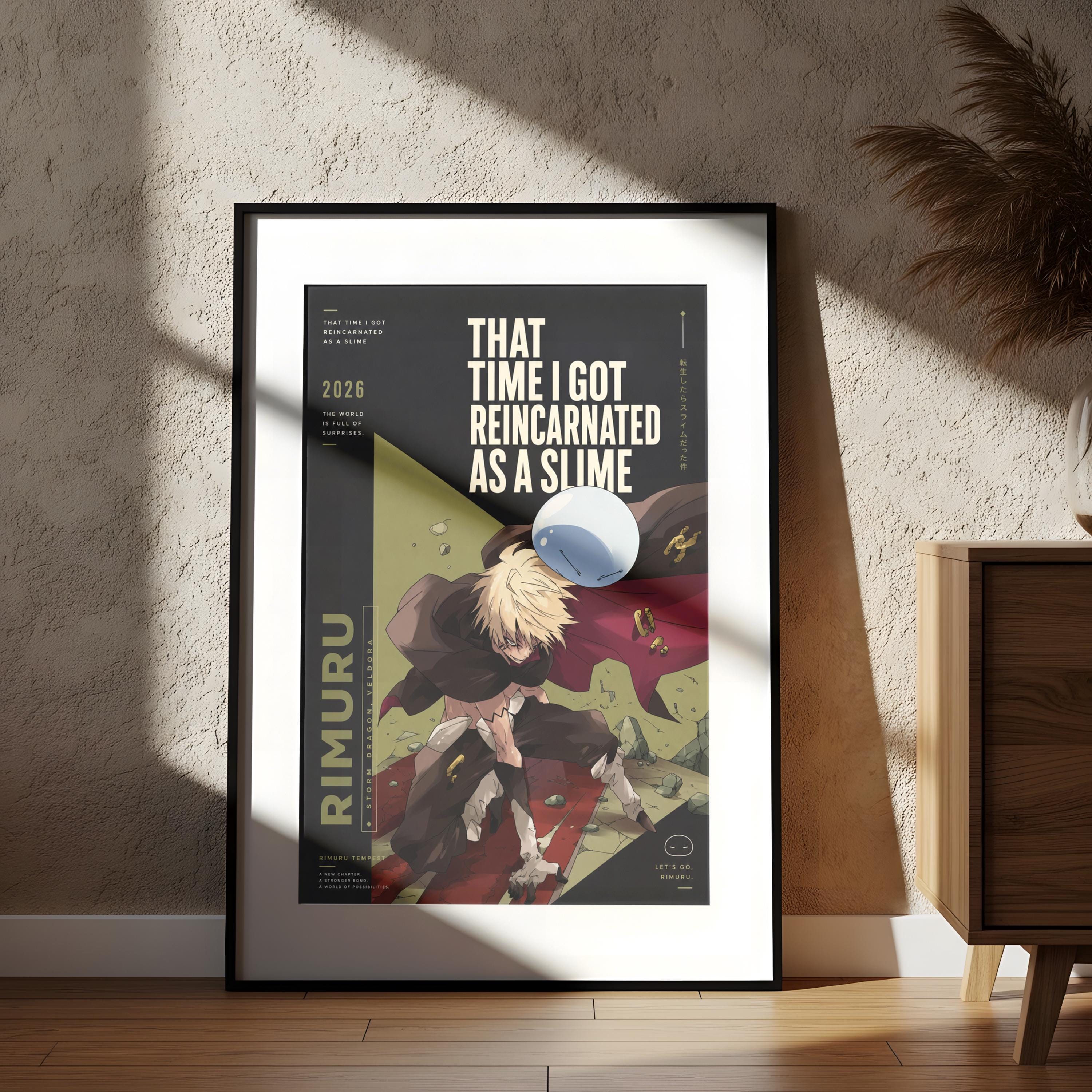 The image is a framed poster featuring an illustration of a character with a large white ball in the background. The poster has a black border and is placed on a wooden floor.