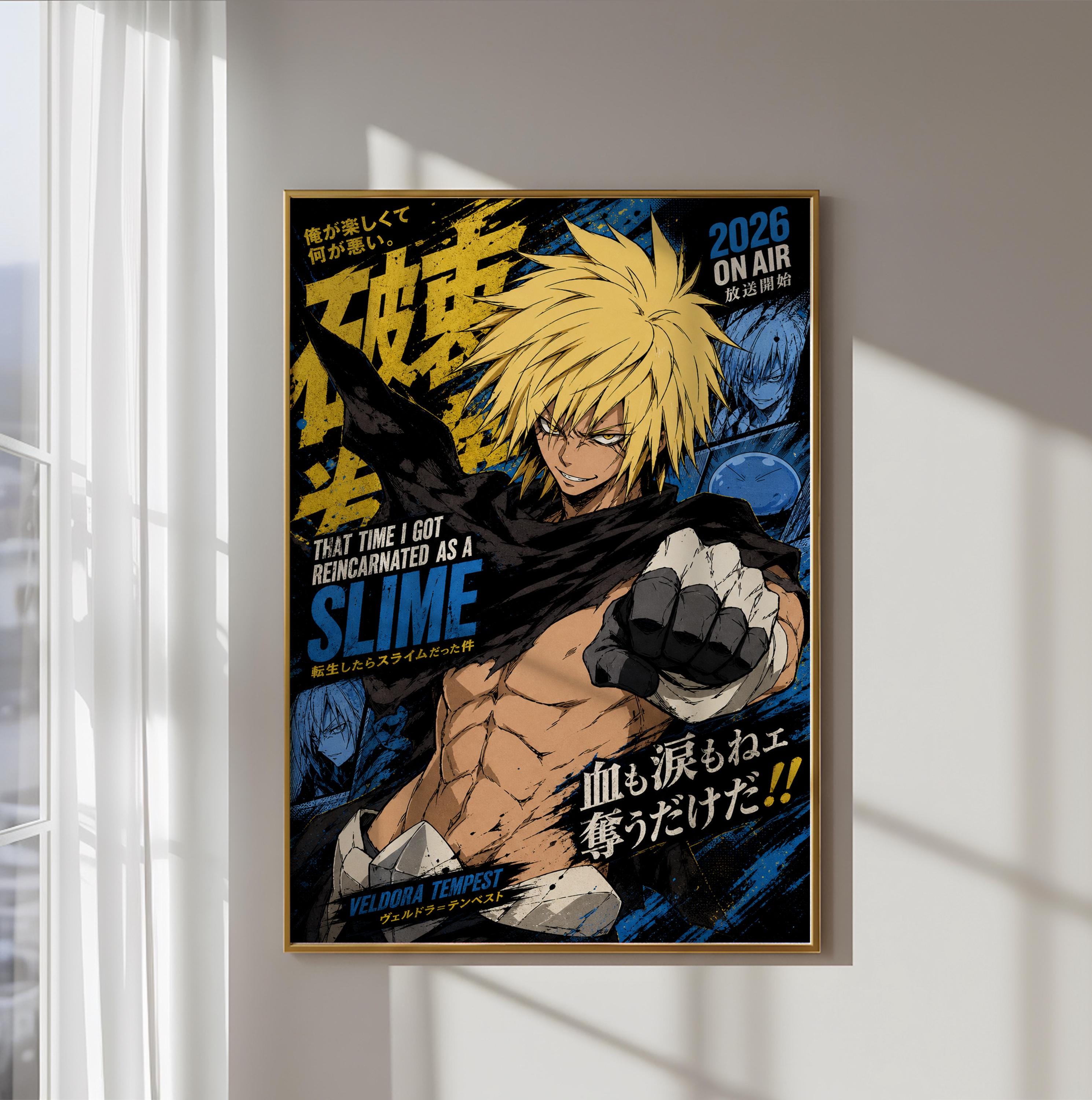 The image is a poster featuring an anime-style character with a muscular build and blonde hair, wearing a black outfit and holding a weapon. The poster has a lot of text and graphics, including Japanese text and various other elements, which make it a visually complex and detailed artwork.