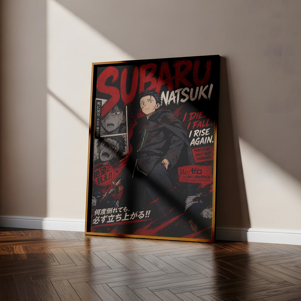 The image is a poster featuring an illustration of a character named Subaru Natsuaki, who appears to be a character from the anime series "Re:Second Life". The poster has a dark and dramatic color scheme, with the character's face prominently displayed. The poster is leaning against a wall, and there is a wooden floor in the foreground. The poster includes text in both English and Japanese, which is likely related to the character's story or the series itself.