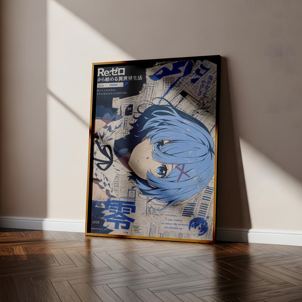 The image is a poster featuring an anime-style illustration of a blue-haired character with a serious expression, standing in a room with a wooden floor.