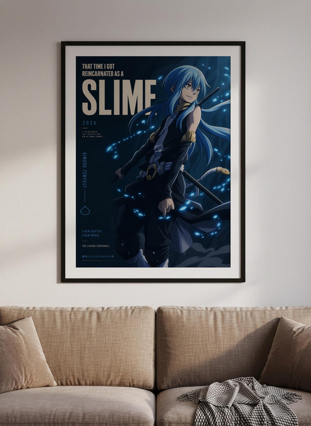 The image is a framed poster featuring an anime-style character with blue hair and a dark outfit, surrounded by glowing lights.