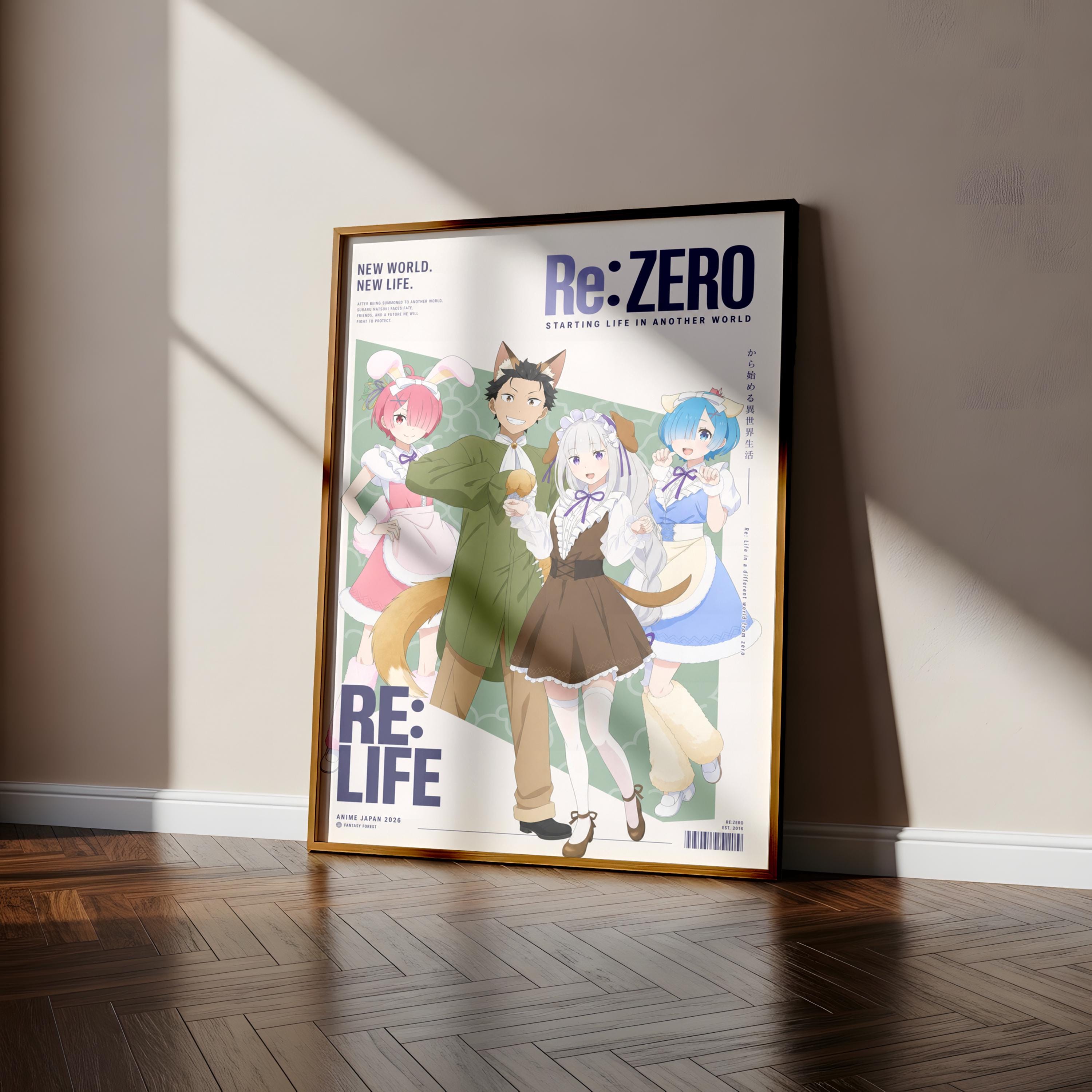The image is a poster featuring a group of anime characters, including a man, a woman, and two children, standing together in a room.