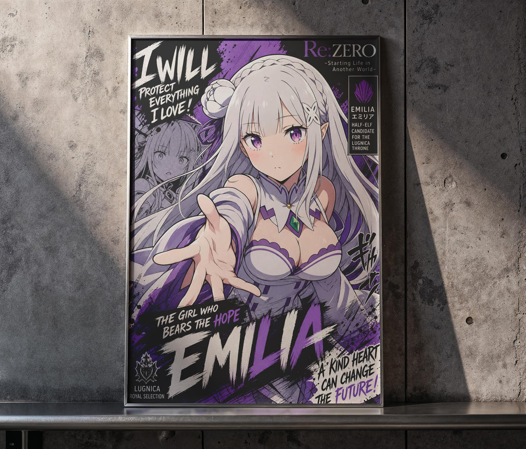 The image is a poster featuring an anime-style illustration of a young woman with long, white hair and purple accents. The poster has a purple and black color scheme and includes text and imagery related to the anime series "ReZero: Starting Life as Another World".