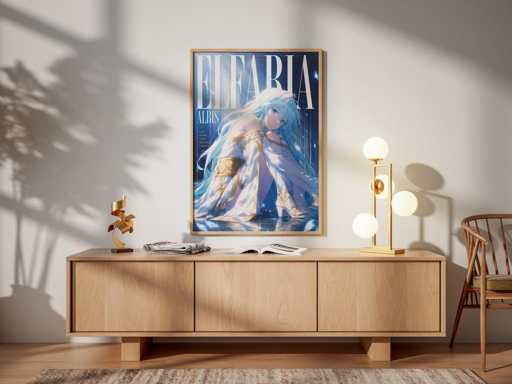 Elfaria Albis Poster - Vibrant Fantasy Art Print with Magic Wand and Sword Design