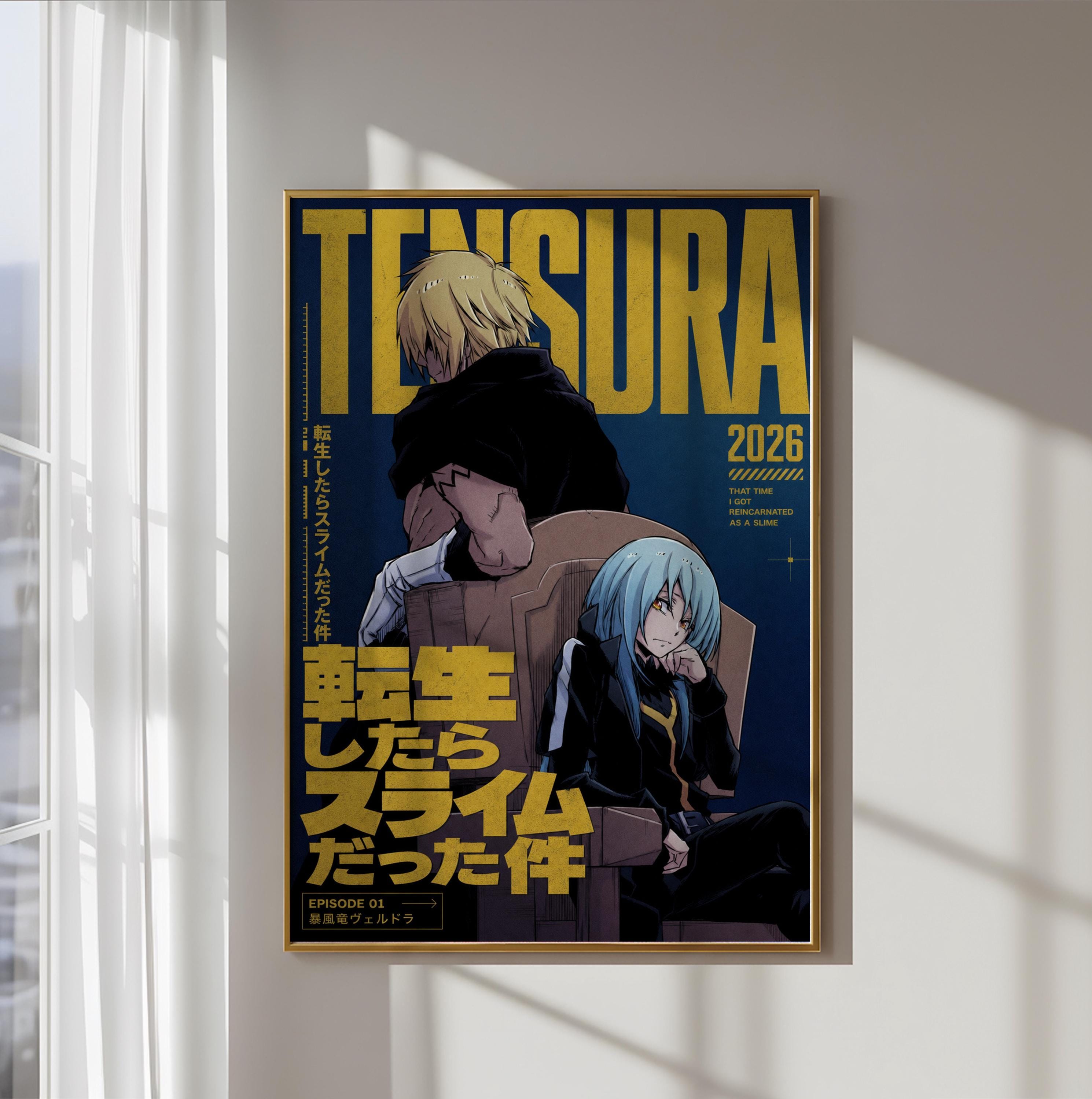 The image is a framed poster featuring two anime characters, one male and one female, sitting in chairs. The poster has a dark background with yellow and black text, and the title "TENSURA" is prominently displayed.