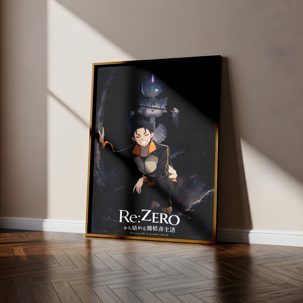 The image is a poster featuring an anime character, specifically Re:ZERO, standing in a dark, mysterious setting.