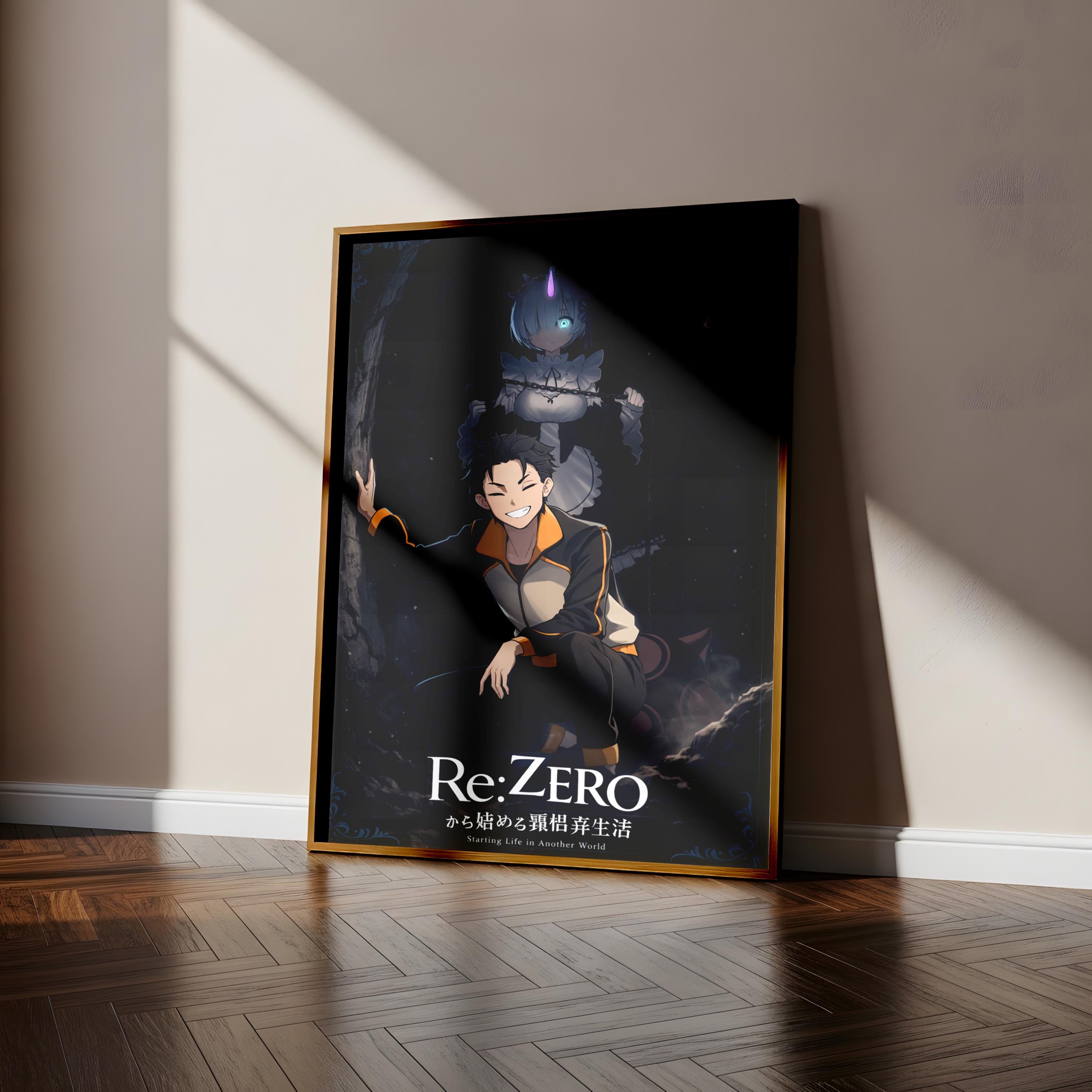 The image is a poster featuring an anime character, specifically Re:ZERO, standing in a dark, mysterious setting.