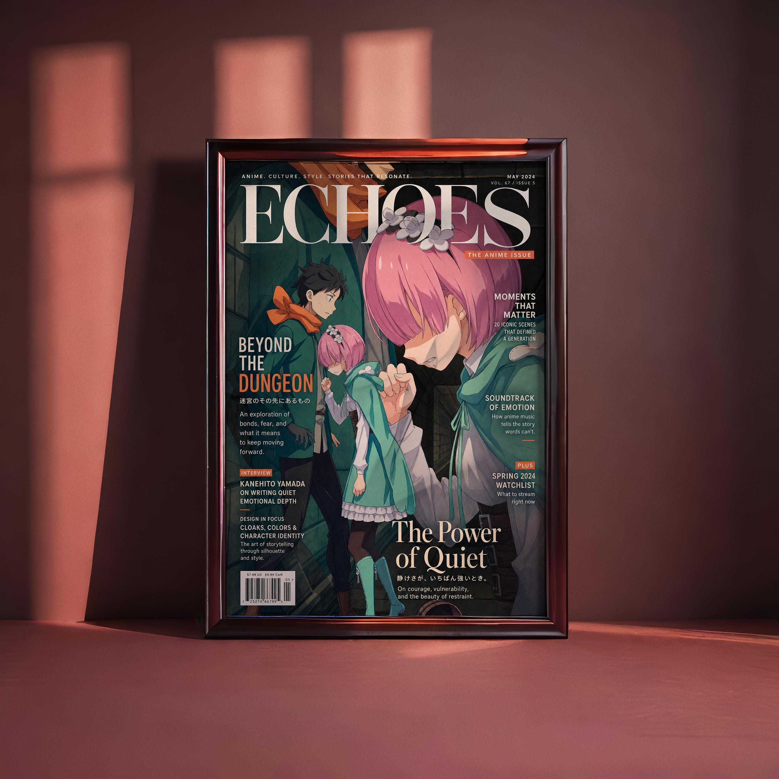 The image is a framed magazine cover for "Echoes" magazine, featuring an illustration of three characters with pink hair. The cover has a dark background and includes text such as "BEYOND THE DUNGEON", "ANIME", "THE ISSUE", "MOMENTS", "SPLIT", "STOUTING", "THE POWER of Quiet", and "The beauty of resistance".