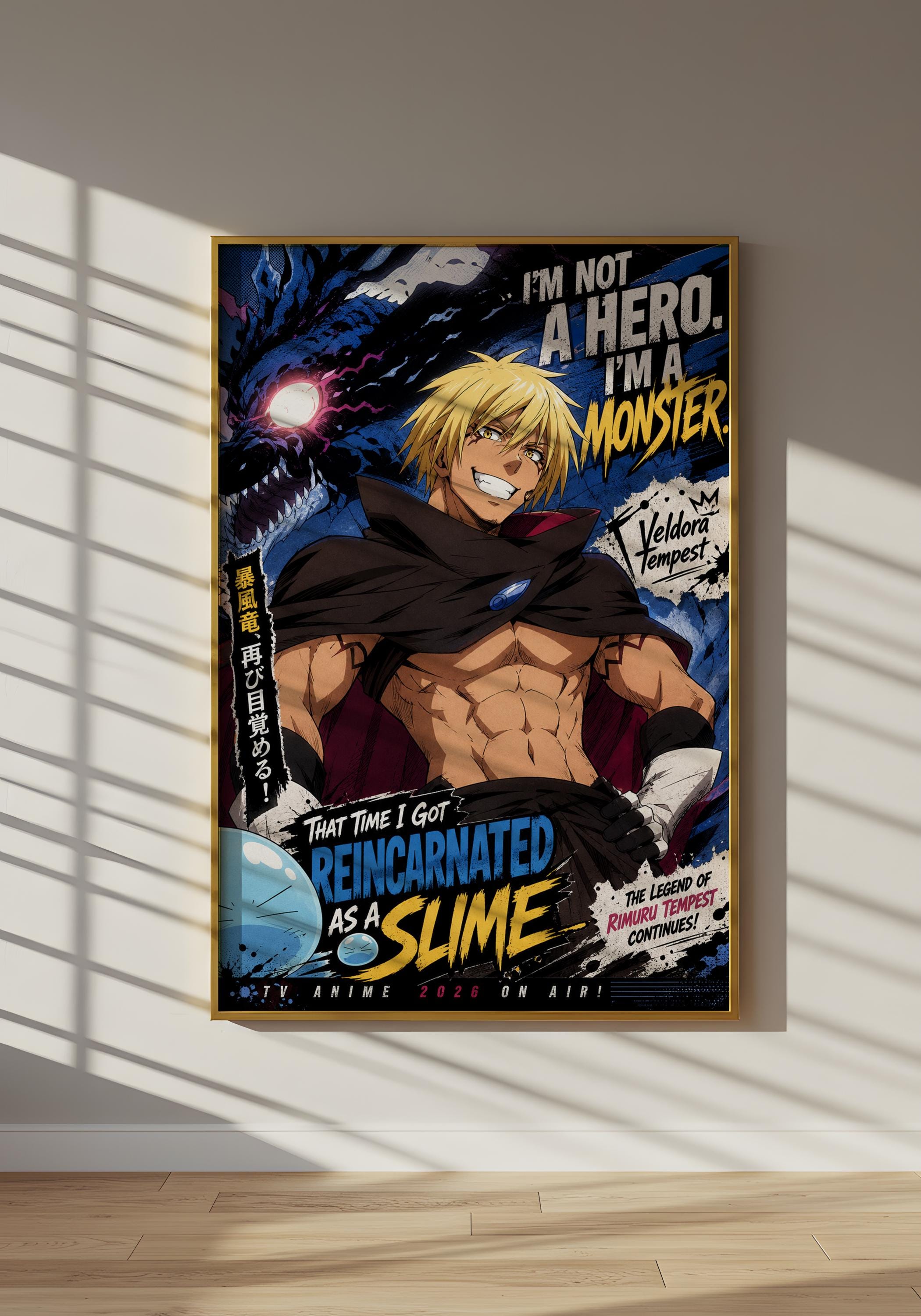 The image is a poster featuring a muscular, blond-haired character with a dragon-like creature in the background. The character is described as a "monsters" and "reincarned as a slime" in the text. The poster also includes a quote about the character's abilities and a reference to the TV anime series "Yendo".