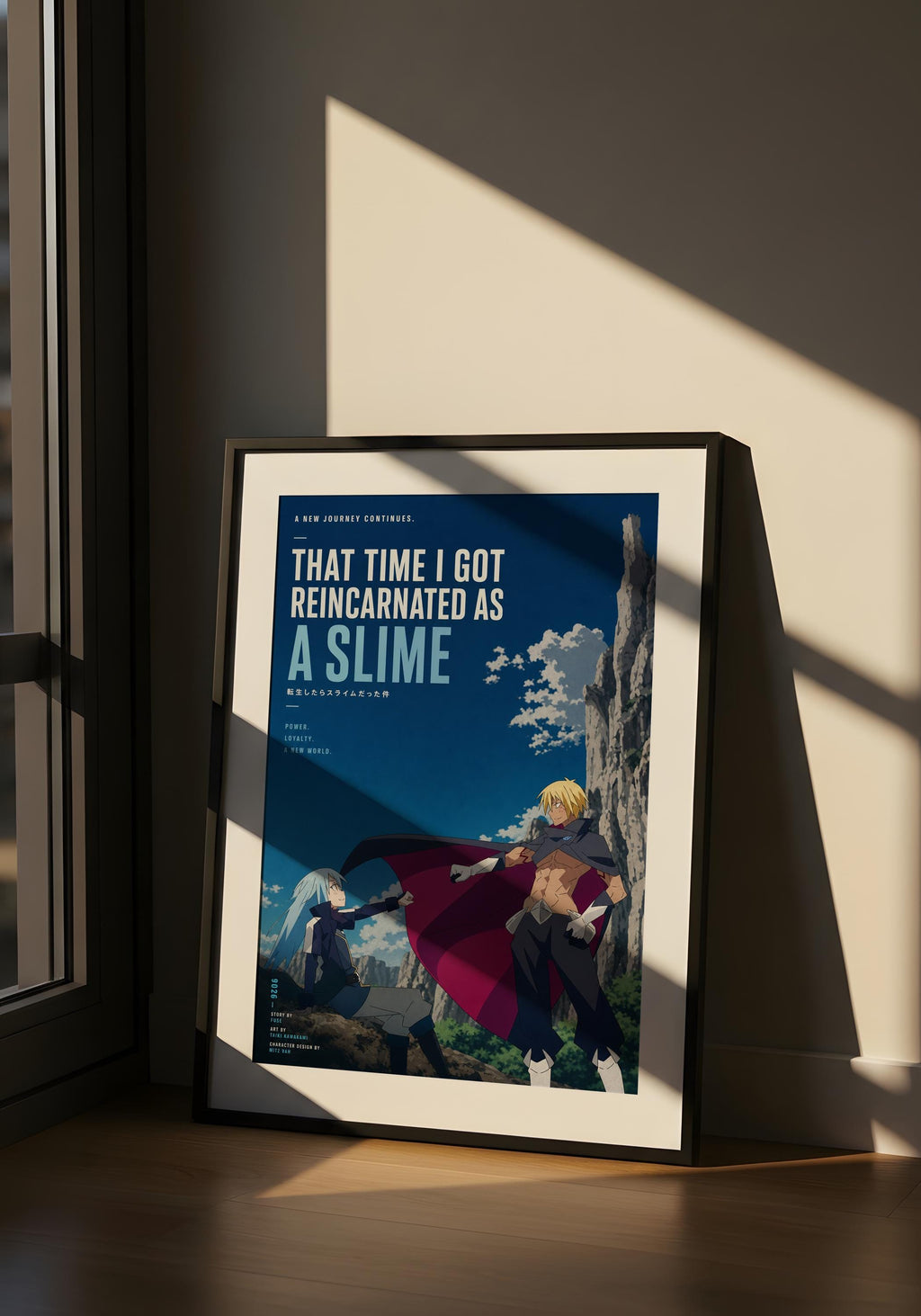 A framed poster with an illustration of a character in a red cape, standing in front of a castle or building, with a blue sky and clouds in the background.