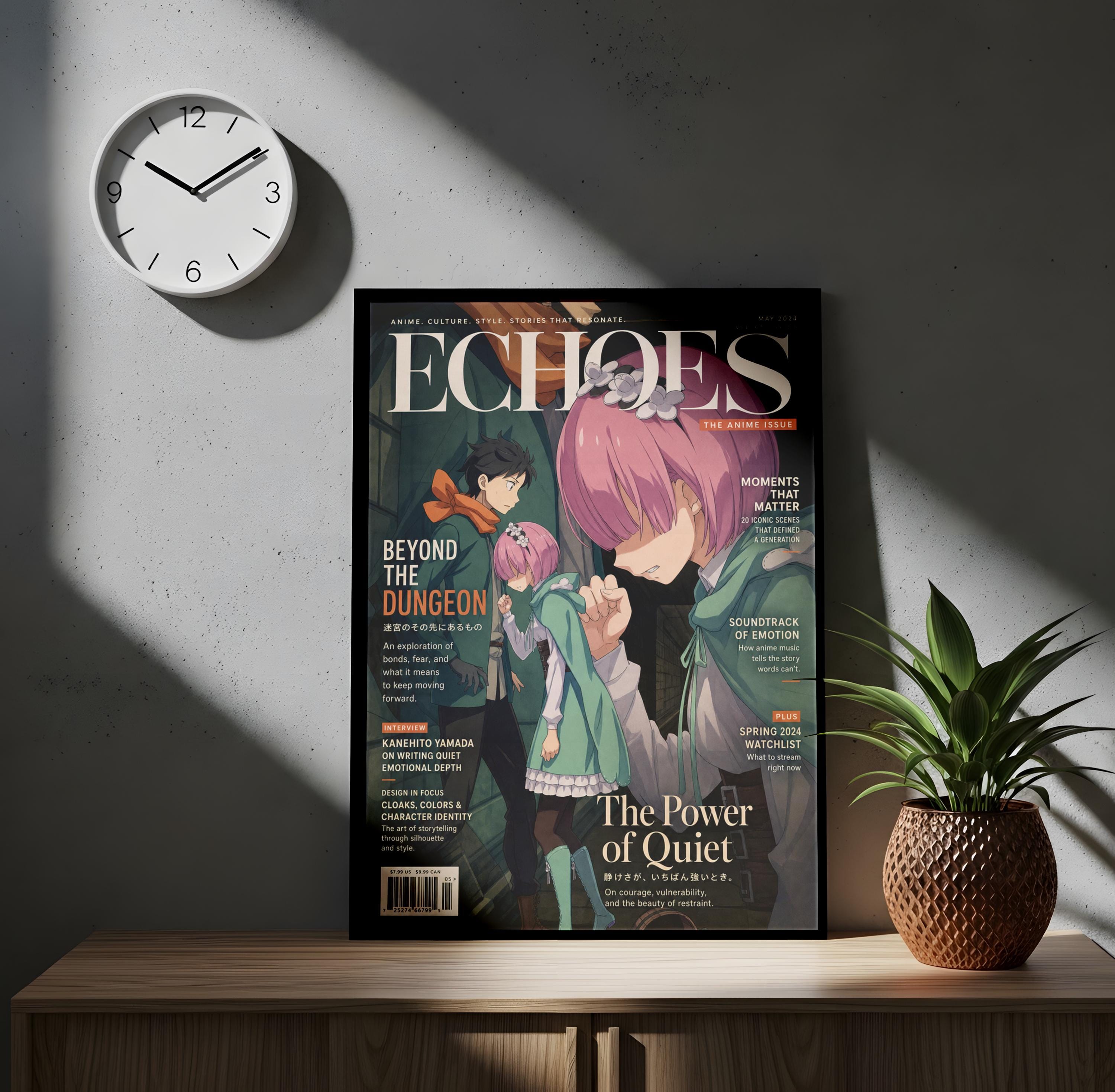 a poster of an anime magazine, specifically "Echoes", displayed on a wooden surface. The poster has an illustration of three characters, and the magazine cover has text that includes the title "Echoes", "The ANIME ISSUE", and "The Power of Quiet". There is also a clock on the wall above the poster.