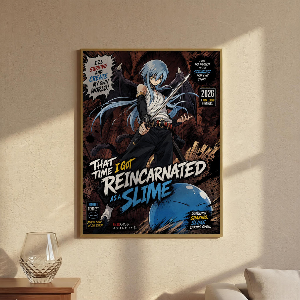 The image is a poster featuring an anime-style character with blue hair and a white outfit, holding a large blue object, possibly a blue liquid or a blue-colored item. The poster has a dark background with text and graphics, and there is a glass vase on a table next to it.