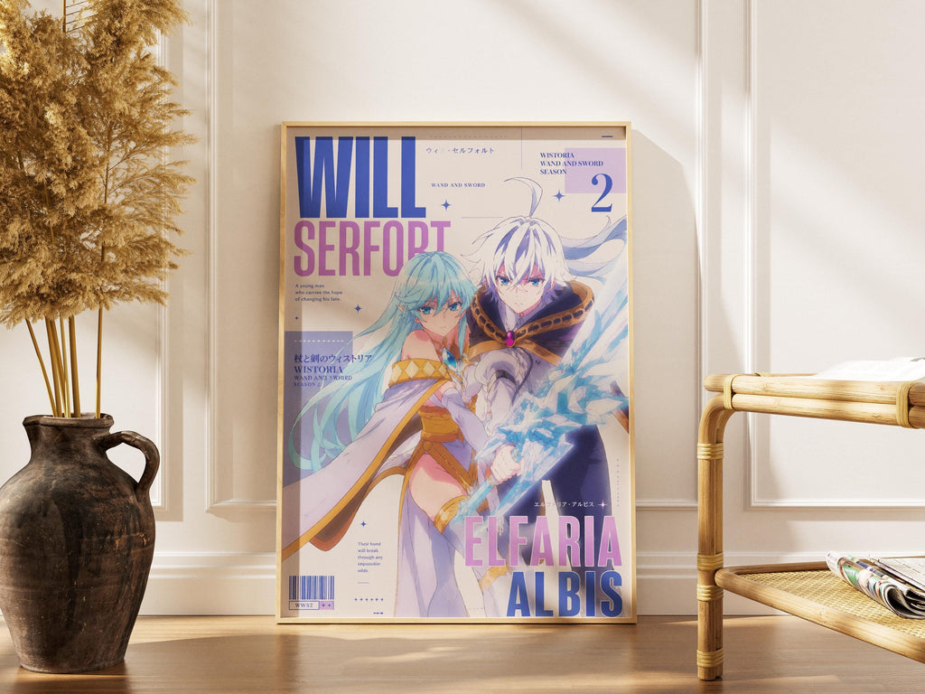 Wistoria Anime Art Print - Elfaria Albis & Will Serfort Magic Wand Poster With Sword Design