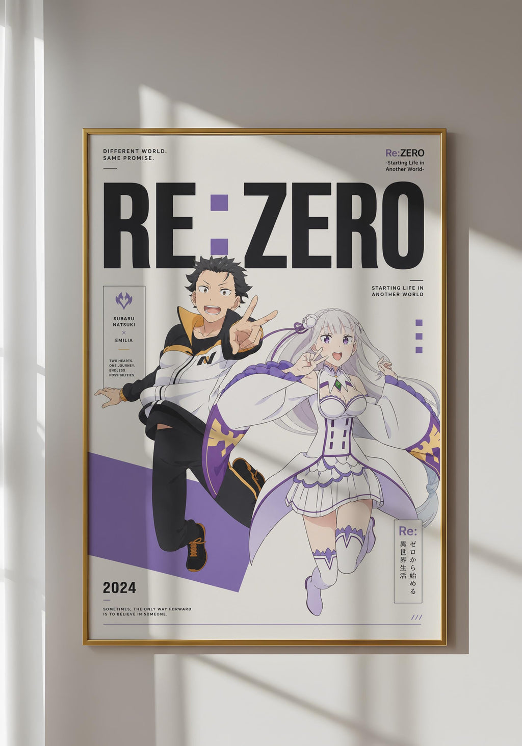 The image is a poster featuring two anime characters, a man and a woman, with the title "RE:ZERO" prominently displayed. The poster also includes text and a small illustration of a character.