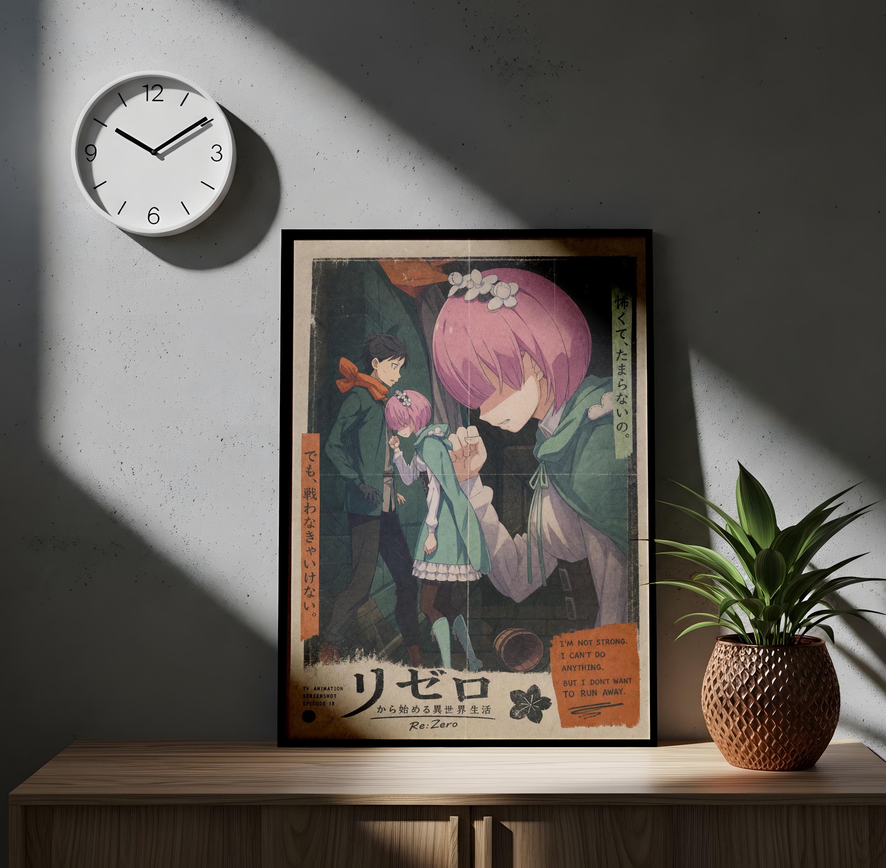 a framed poster of an anime-style illustration, with a clock on the wall above it and a potted plant to the right.