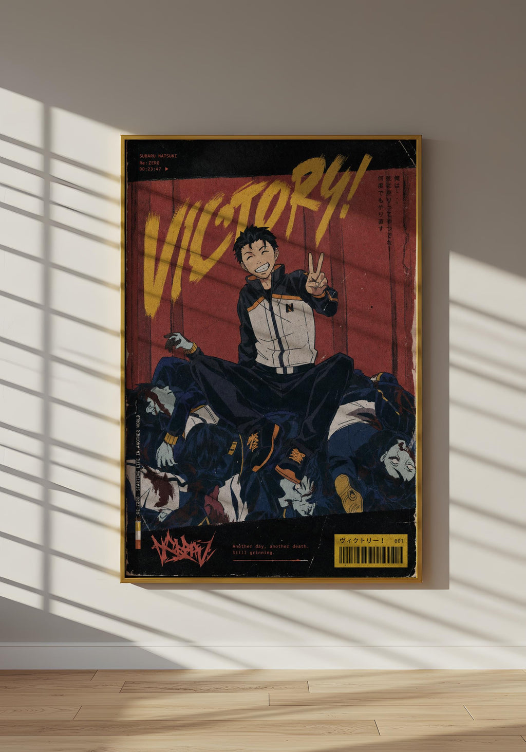 The image is a framed poster featuring an illustration of a person in a white and black outfit, surrounded by various characters, with the word "VICTORY!" prominently displayed.