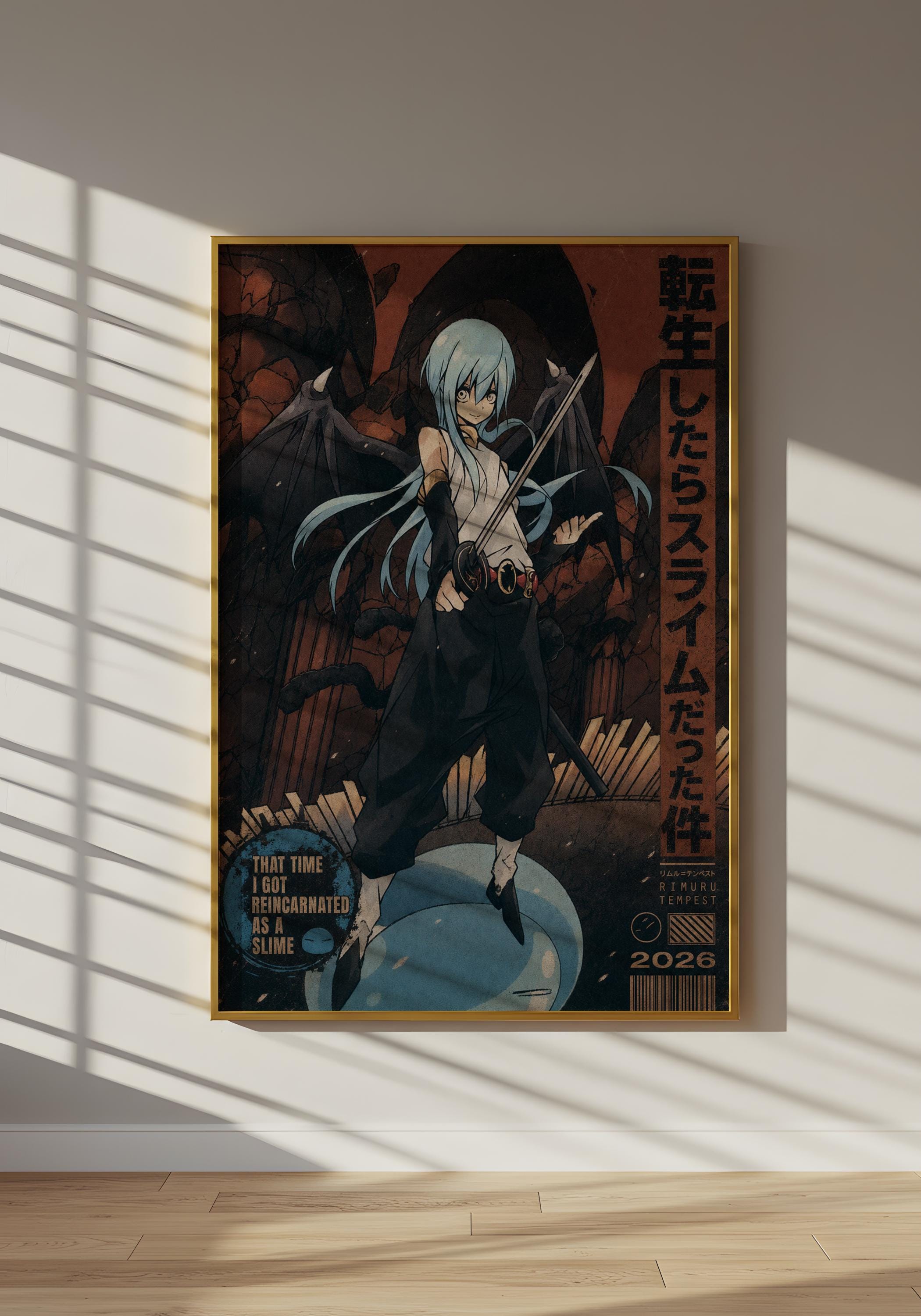 The image is a framed poster featuring an anime-style illustration of a character with blue hair and a sword, set against a dark, dramatic background.