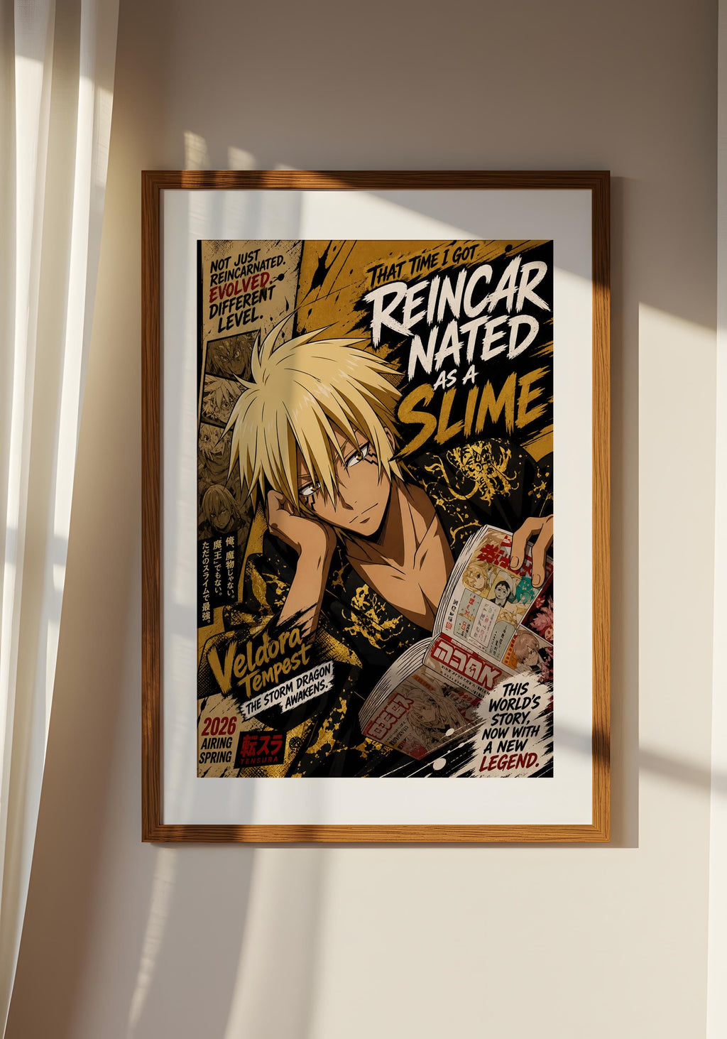The image is a framed poster featuring an anime character with a serious expression, surrounded by various texts and graphics.