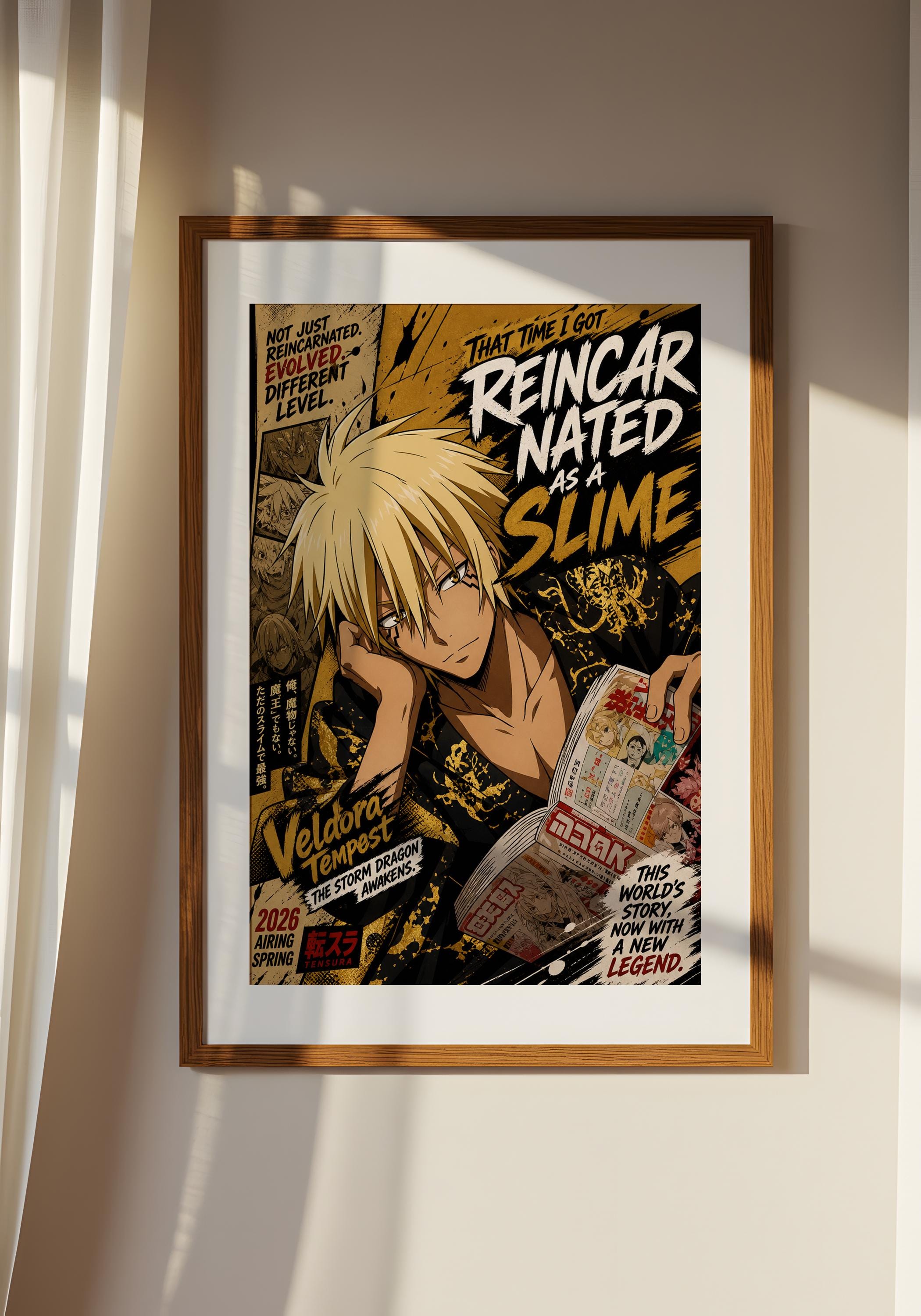The image is a framed poster featuring an anime character with a serious expression, surrounded by various texts and graphics.