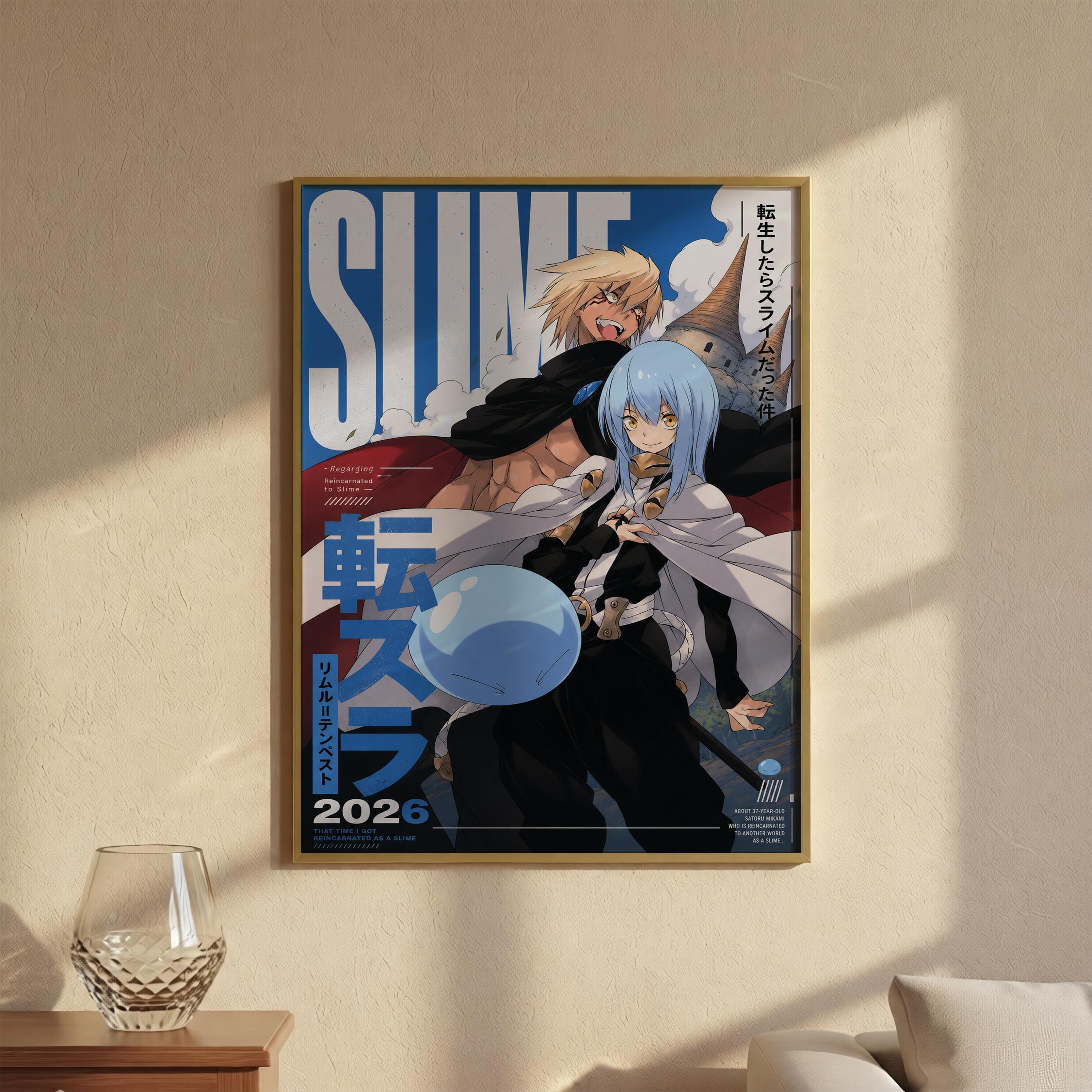 The image is a framed poster featuring two anime characters, one male and one female, with a blue background and white text.