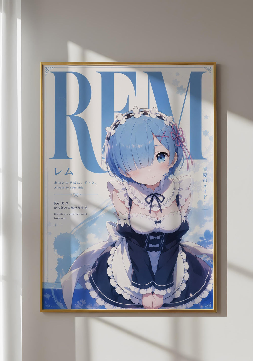 The image is a framed poster featuring an anime-style illustration of a young girl with blue hair and a white dress, standing against a blue background with the word "REM" prominently displayed.