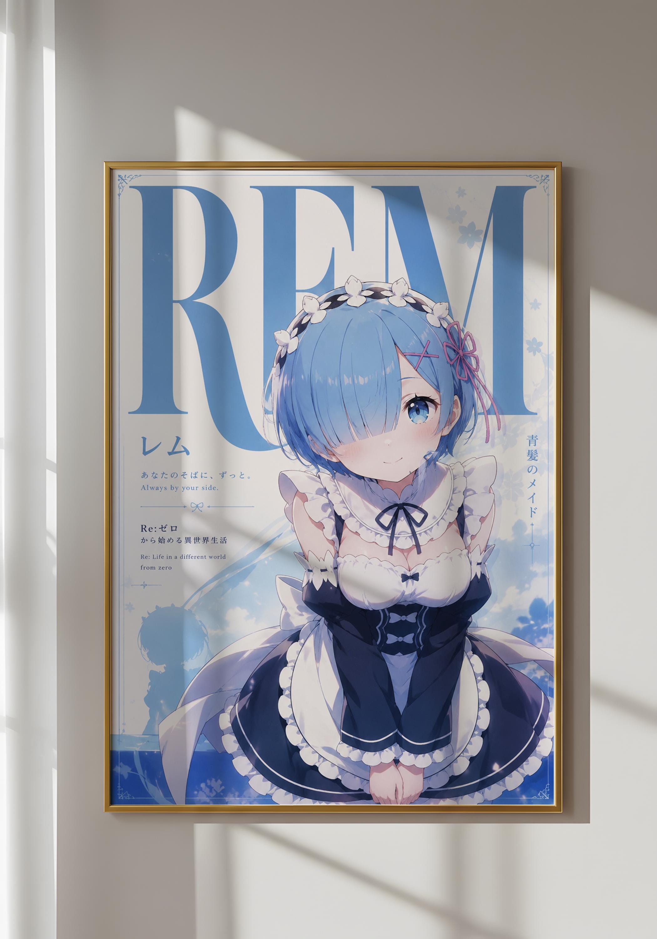 The image is a framed poster featuring an anime-style illustration of a young girl with blue hair and a white dress, standing against a blue background with the word "REM" prominently displayed.