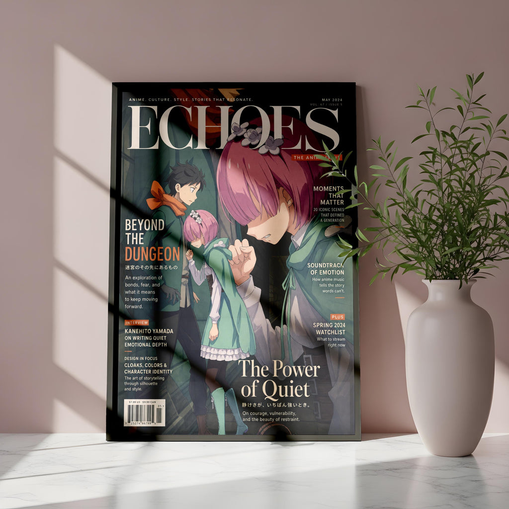 a magazine cover for "Echoes" magazine, which appears to be an anime-inspired publication. The cover art depicts a character with pink hair and a green outfit, along with other characters and elements associated with the anime style. The magazine is displayed on a stand next to a white vase with greenery, creating a visually appealing and artistic composition.
