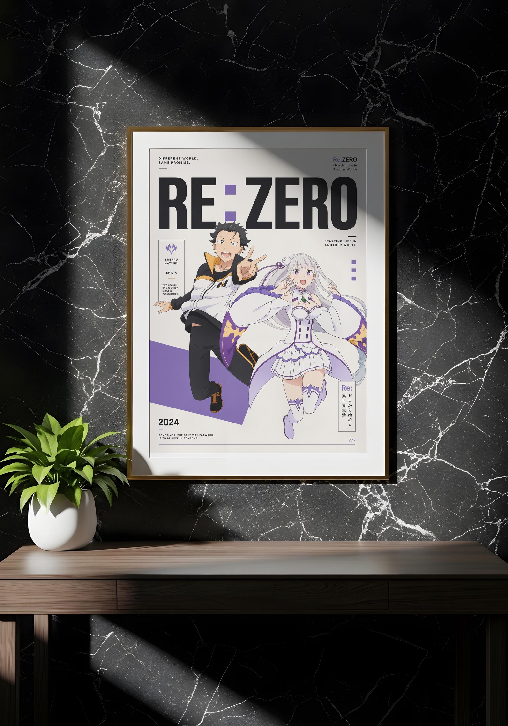 a poster of the anime series "Re:Zero" displayed on a wall, with a wooden table below it.