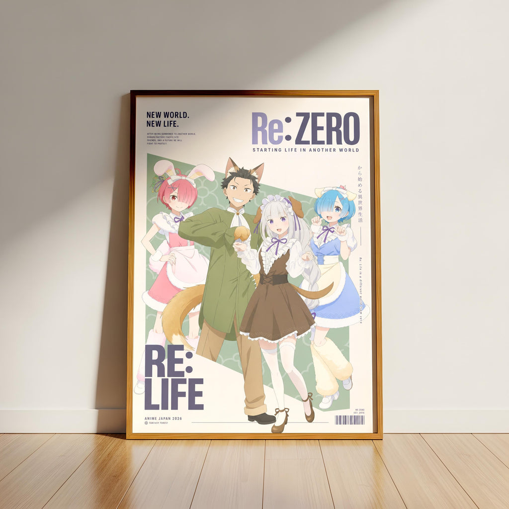 The image is a framed poster featuring a group of anime characters, including a man, a woman, and two children, all dressed in colorful outfits. The poster has a minimalist design with a white background and a brown frame.