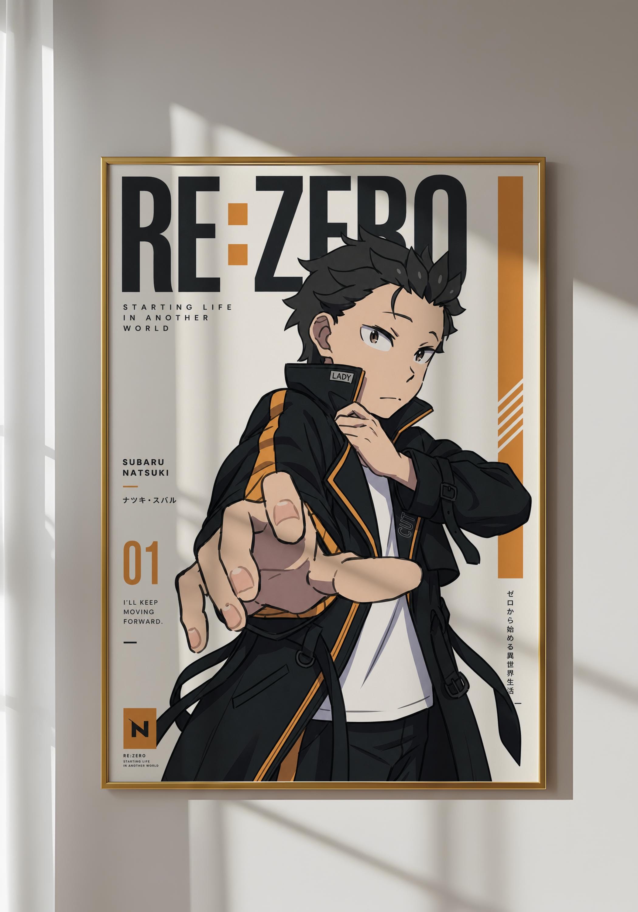 The image is a poster featuring an anime character, specifically Subaru, who is holding a phone and pointing it towards the viewer. The poster has a minimalist design with a focus on the character and the text.