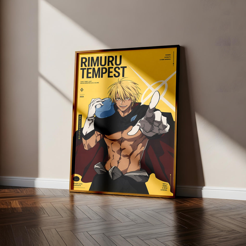 an anime poster of a muscular, blond-haired character with a determined expression, standing in a room with a wooden floor.