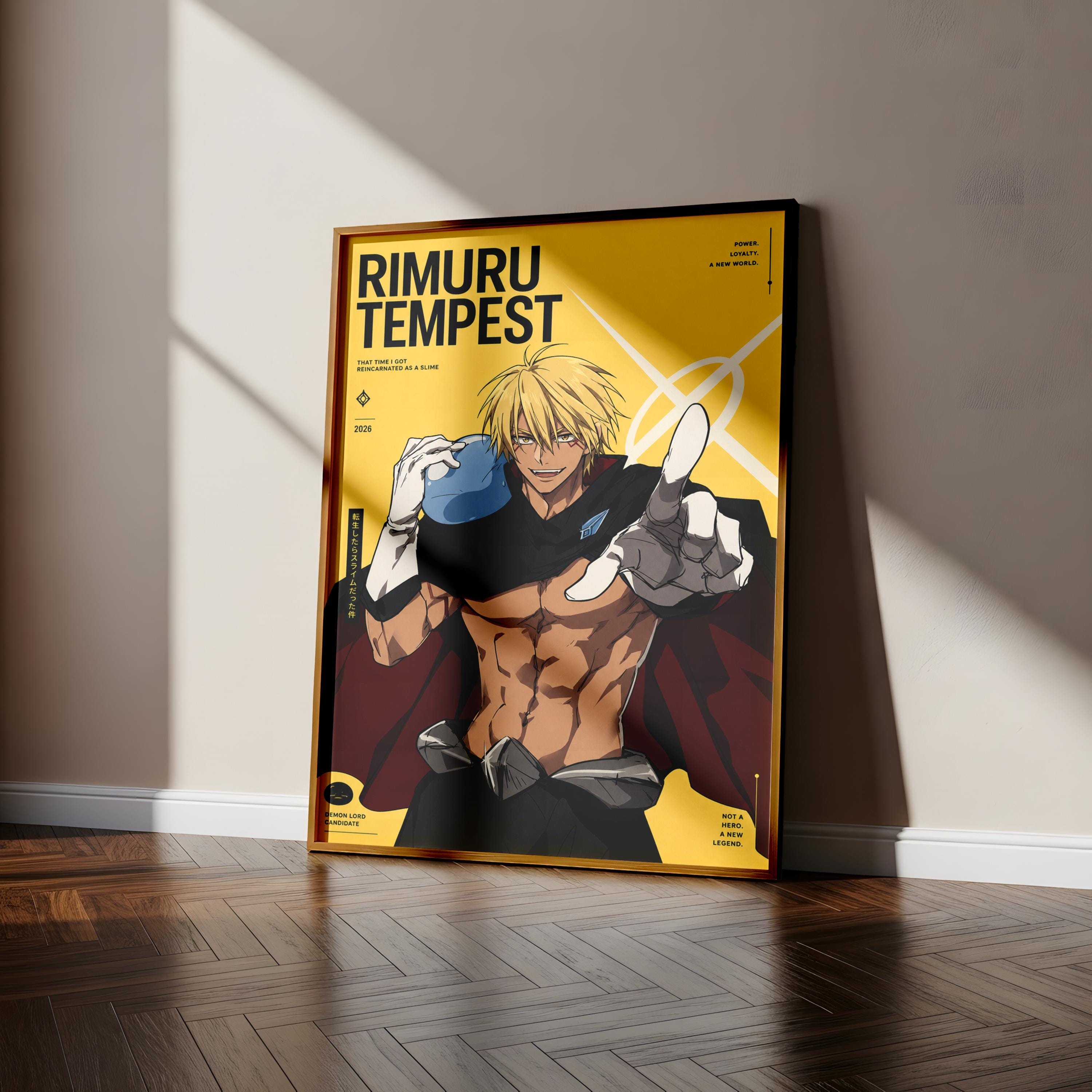 an anime poster of a muscular, blond-haired character with a determined expression, standing in a room with a wooden floor.